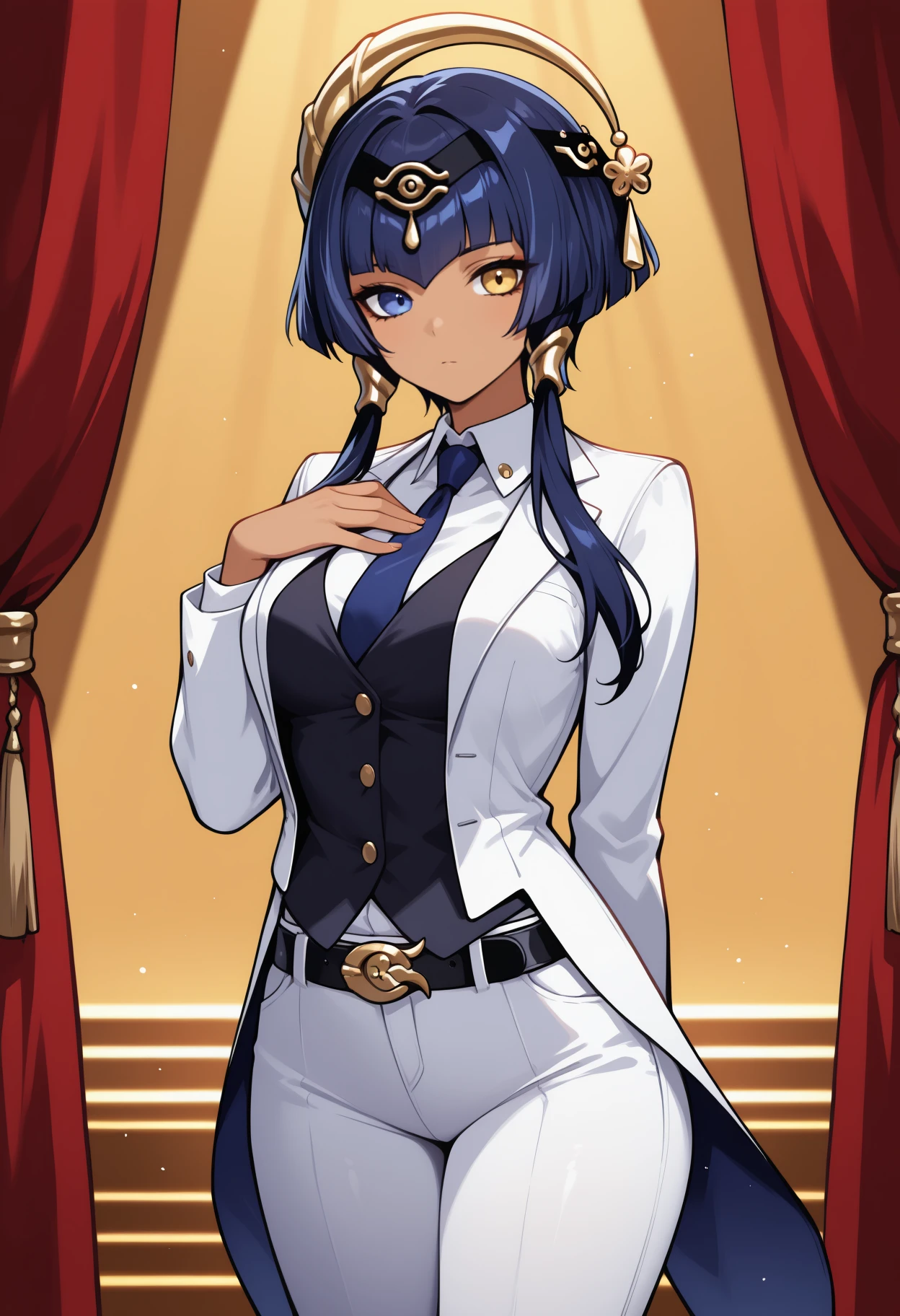 masterpiece, best quality, <break> solo, 1girl, c4ndace, dark-skinned female, expressionless, looking at viewer, standing, hand on own chest, arm behind back, legs together, blue hair, short hair with long locks, hair ornament, black hairband, eye of horus, heterochromia, blue eyes, yellow eyes, white coat, coattails, open coat, long sleeves, black vest, white shirt, collared shirt, blue necktie, white pants, black belt, medium breasts, stage, curtains, spotlight
<segment:yolo-Anzhc Face seg 640 v2 y8n.pt,0.4,0.5//cid=1>