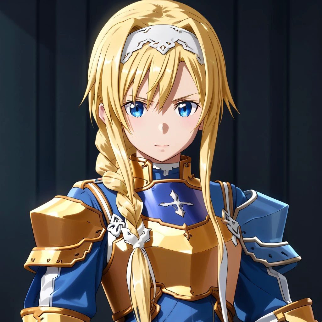 sword art online, alice zuberg, armor, blonde hair, blue armor, blue eyes, braided ponytail, gold armor, hairband, holding sword, portrait, upper body