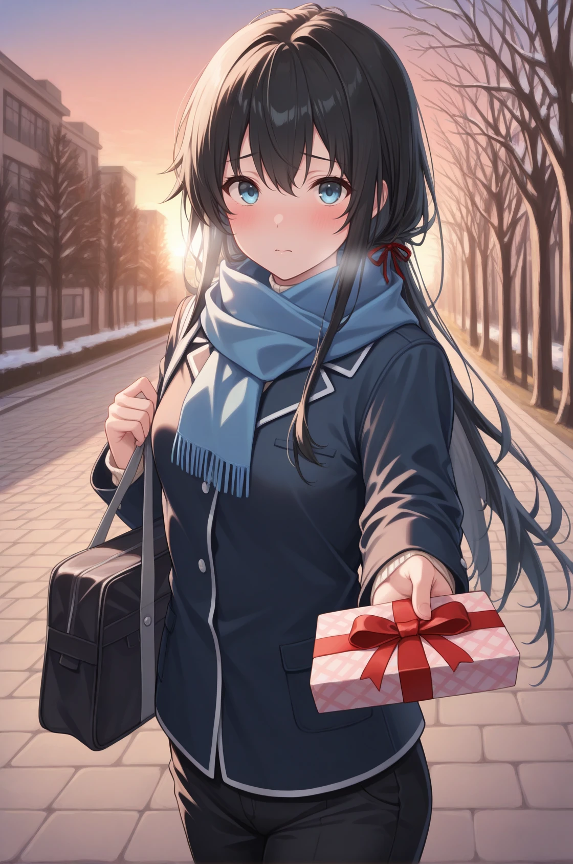 masterpiece, best quality, looking at viewer, blush, yno, small breasts, black hair, long hair, hair between eyes, blue eyes, hair ribbon, red ribbon, winter clothes, blue coat, blue scarf, black pants, school bag, incoming gift, outdoors, sunset, winter, sidewalk, building, tree, <lora:Hoseki_Oregairu_YukinoYukinoshita_IllustriousXL_v1:1>