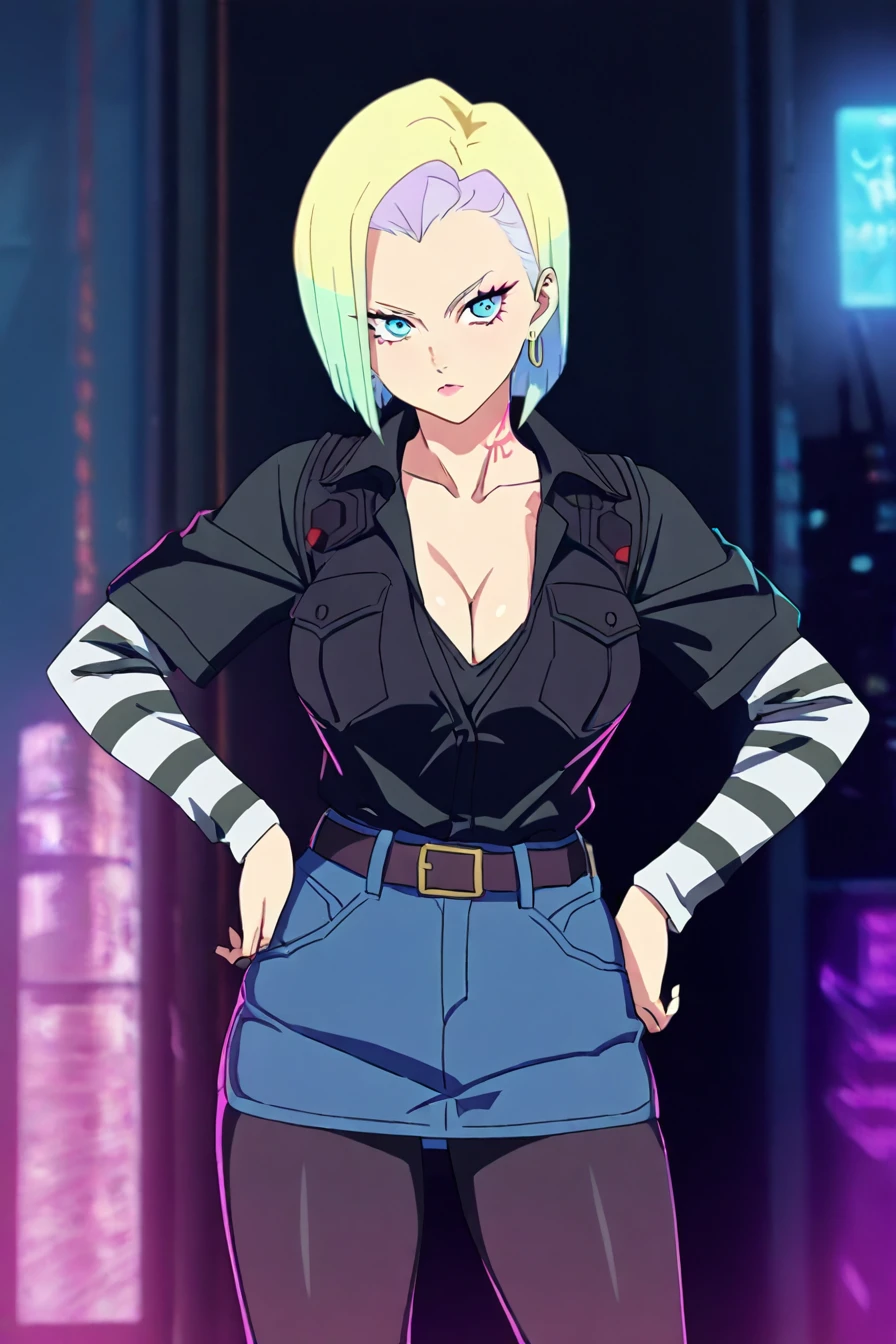 <lora:android-18-ponyxl-lora-nochekaiser:0.6> ,(android 18:0.5), blonde hair, blue eyes, eyelashes, hoop earrings, short hair, earrings, belt, black legwear, black shirt,  pocket, cleavage, collarbone, denim, denim skirt, high-waist skirt, jewelry, long sleeves, pocket, shirt, shirt tucked in, skirt, striped, striped sleeves, waistcoat,, 1girl, solo, alone, <lora:cyberpunk_edgerunners_style_illustriousXL:1>, cyberpunk_edgerunners_style, masterpiece, highres