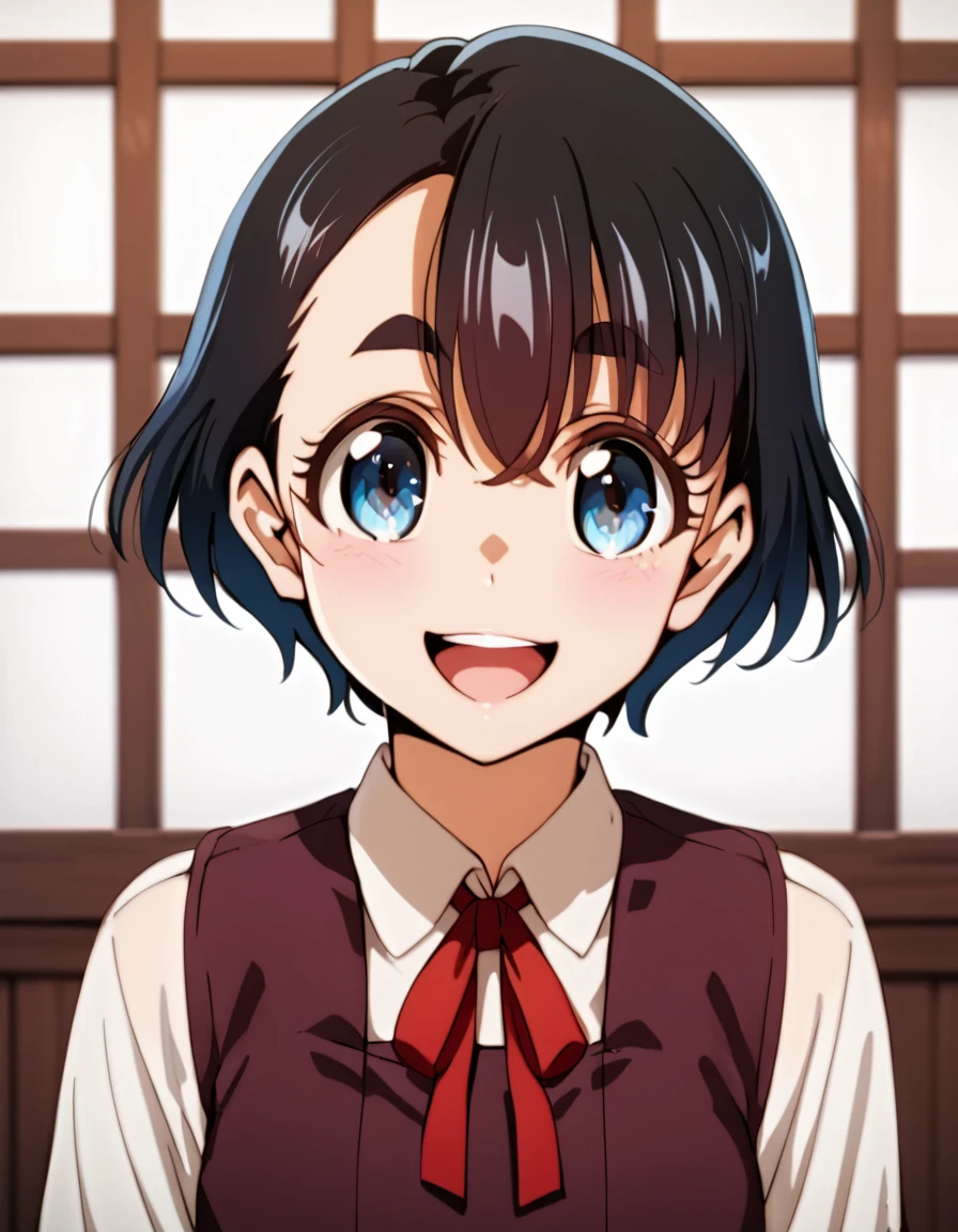 score_9, score_8_up, score_7_up, score_6_up, score_5_up, score_4_up, source_anime ,  <lora:edomaeelf:1>, happy, portrait,  koito, blue eyes, black hair, short hair, school uniform, shirt, white shirt, pinafore dress, neck ribbon, ribbon, red ribbon, thick eyebrows,