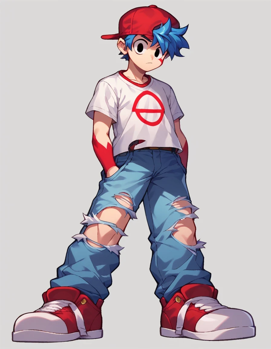 LookalikeEXE, solo, 1boy, hat, blue hair, male focus, pants, torn clothes, sneakers, baseball cap, jeans, backwards hat, red cap, tattered jeans, white shirt with red markings. blackened eyes. eerie and distorted appearance, black eyes, standing, full body, red sleeves