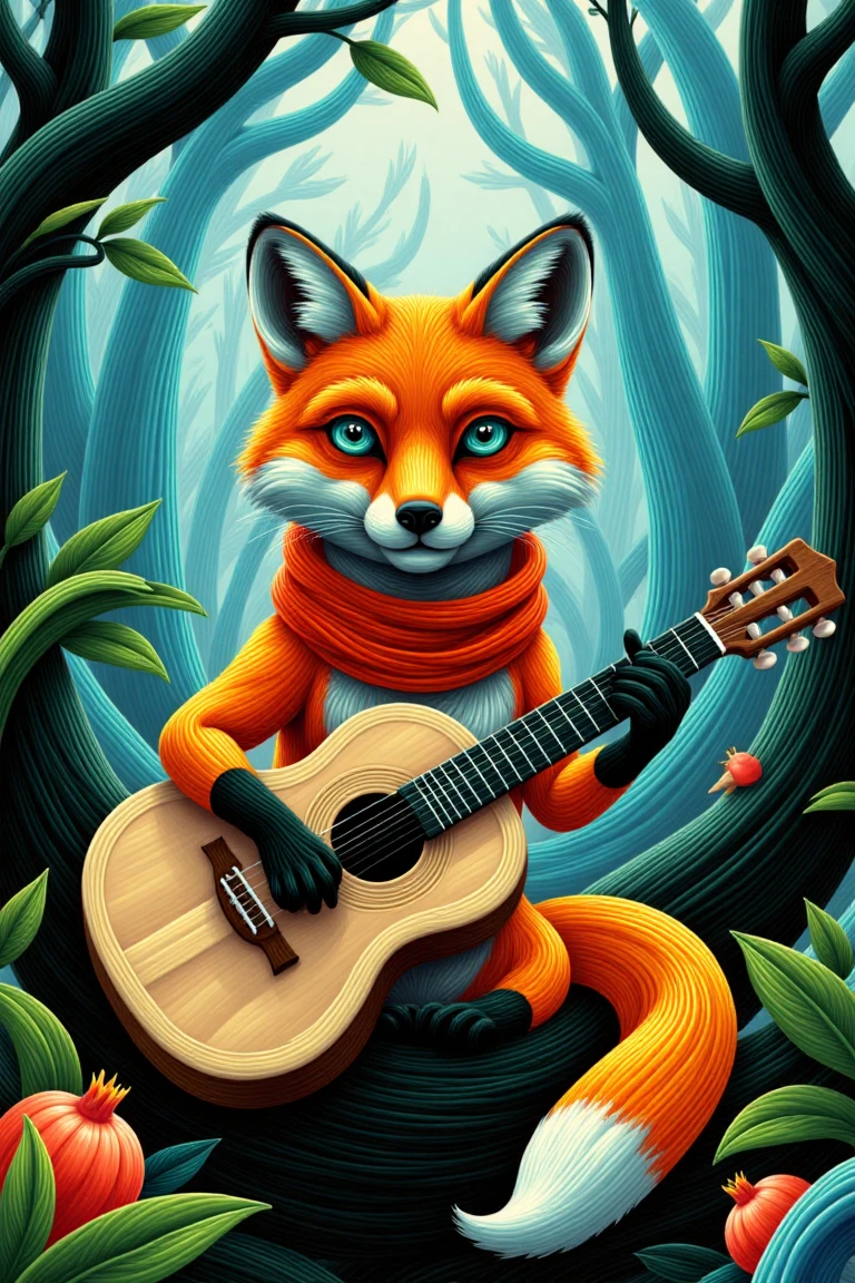 Amidst the misty veil of a dense forest, where towering trees pierce the sky and emerald hues blanket the floor, an orange fox perches at eye-level, surrounded by pomegranates and leaves. The fox's piercing blue gaze sparkles as it cradles a light brown guitar in its right hand, adorned with a white feathered tail tip. A fiery red scarf wraps around its neck, complementing its darker orange paws. Against the deep blue backdrop of the forest, the warm-toned fox and its accessories stand out, highlighting its striking features.,noga