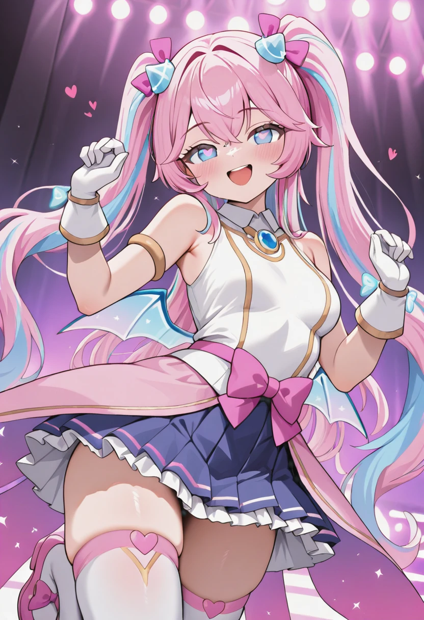 masterpiece,best quality,absurdres,perfect lighting,fantasy,stage,stage lights,
*//*,<lora:Angelic_Buster-v2.0:1>,ab_remaster,pink hair,multicolored hair,blue hair,long hair,blue eyes,twintails,white gloves,sleeveless,white thighhighs,wings,pleated skirt,bangs,symbol-shaped pupils,heart-shaped pupils,hair ornament,pink bow,pink footwear,
*//*,looking at viewer,cowboy shot,dutch angle,dynamic pose,smile,