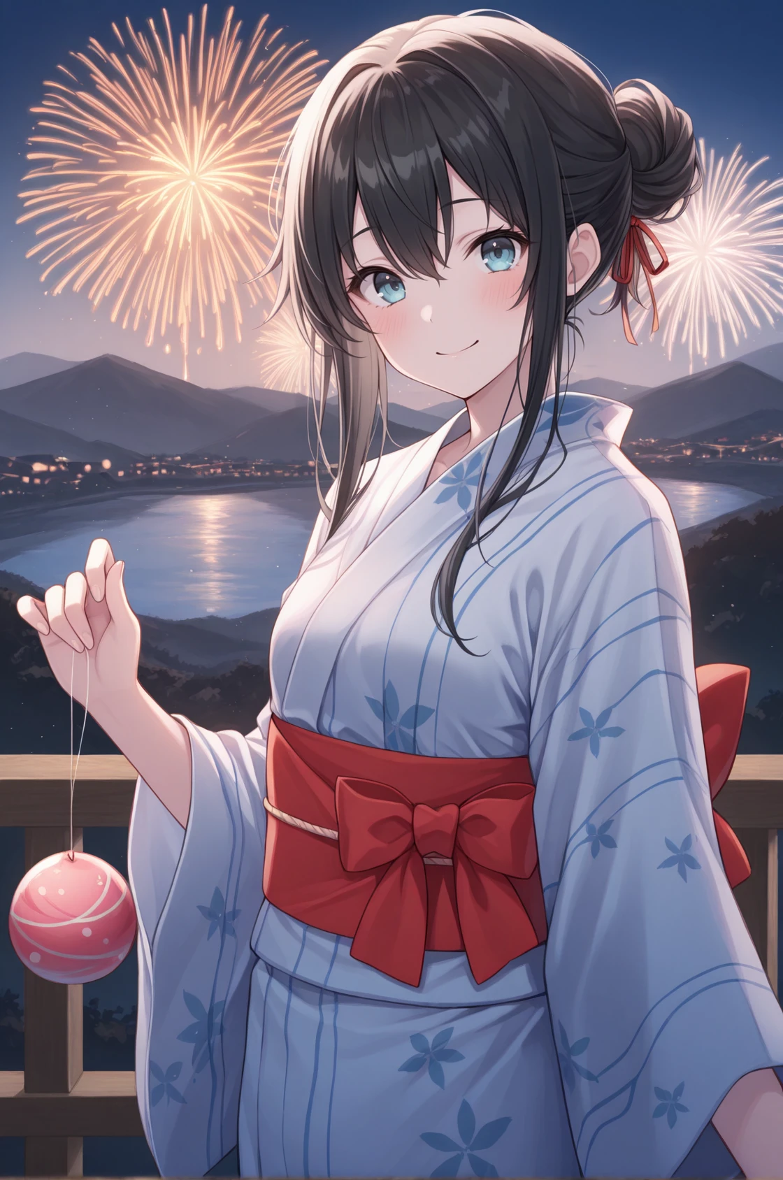 masterpiece, best quality, looking at viewer, blush, smile, yno, small breasts, black hair, long hair, hair between eyes, blue eyes, hair ribbon, red ribbon, single hair bun, kimono, sash, holding, water yoyo, outdoors, summer festival, fireworks, hill, skyline, <lora:Hoseki_Oregairu_YukinoYukinoshita_IllustriousXL_v1:1>