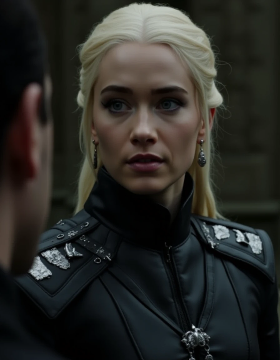 high resolution screengrab from game of thrones, daenerys targaryen blonde hair wearing black leather uniform, silver lapel pin with small chains and silver dragon single epaulet. The scene is highly detailed with a sharp focus with a mood of intensity and danger. <lora:NicoFlux-000005:1> 8k resolution