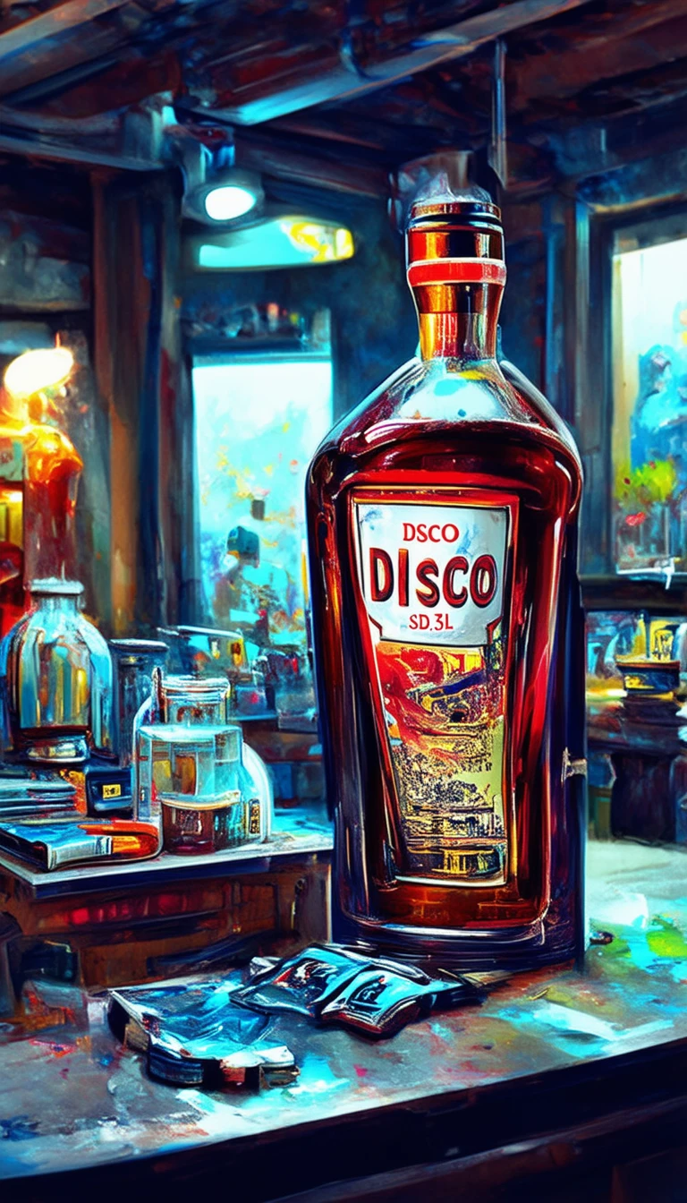 DSCD_STYLE abstinence liquor bottle on a shelf in a mad scientists messy lab the bottle reads "DISCO SD3.5L"