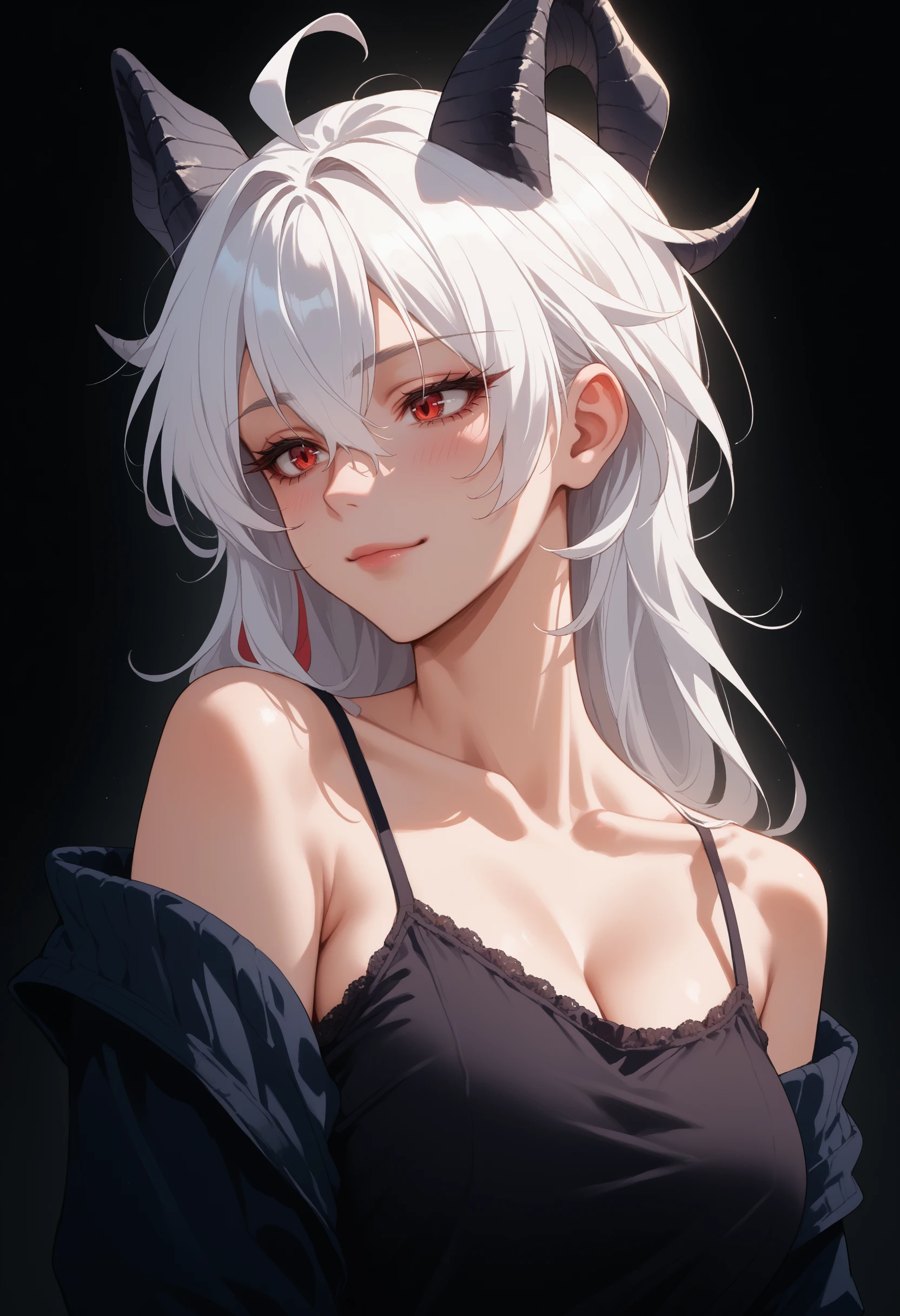 score_9, score_8_up, score_7_up, source_anime, 
<lora:wrenchWuwaZani-000009:0.9>, wrnchwuwazani, horns, hair between eyes, red eyes, long hair, large breasts, white hair, demon horns, ahoge, 
portrait, profile, light smile, collarbone, camisole,