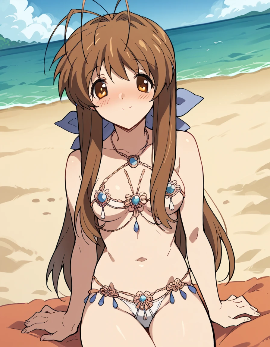 score_9, score_8_up, score_7_up, source_anime, <lora:sanae-furukawa-s2-ponyxl-lora-nochekaiser:1>, sanae furukawa, long hair, brown hair, brown eyes, antenna hair, medium breasts,, <lora:venus-bikini-ponyxl-lora-nochekaiser:1>, venus bikini, fortune bikini, naked jewelry, navel,, beach, sitting, smile, blush,, , dutch angle, cowboy shot