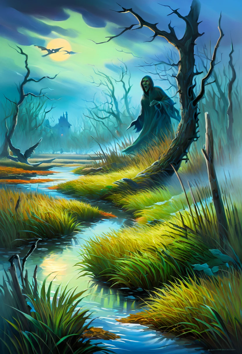 (masterpiece), (best quality), The Haunted Marsh background, <lora:Mary_GrandPré_Art_Style XL:1>, masterful composition, dynamic movement