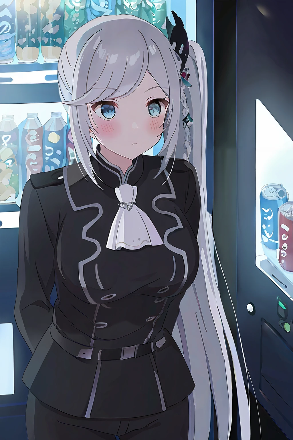 (masterpiece), (best quality), (intricate details, very aesthetic), absurdres, highres, 1girl, cinematic light, <lora:Livia_de_Udis-Illustrious:1> livia_wz, very long hair, grey hair, heterochromia, blue eyes, green eyes, hair ornament, large breasts, white ascot,long sleeves, black jacket, jewelry, black pants, soda can, vending machine,