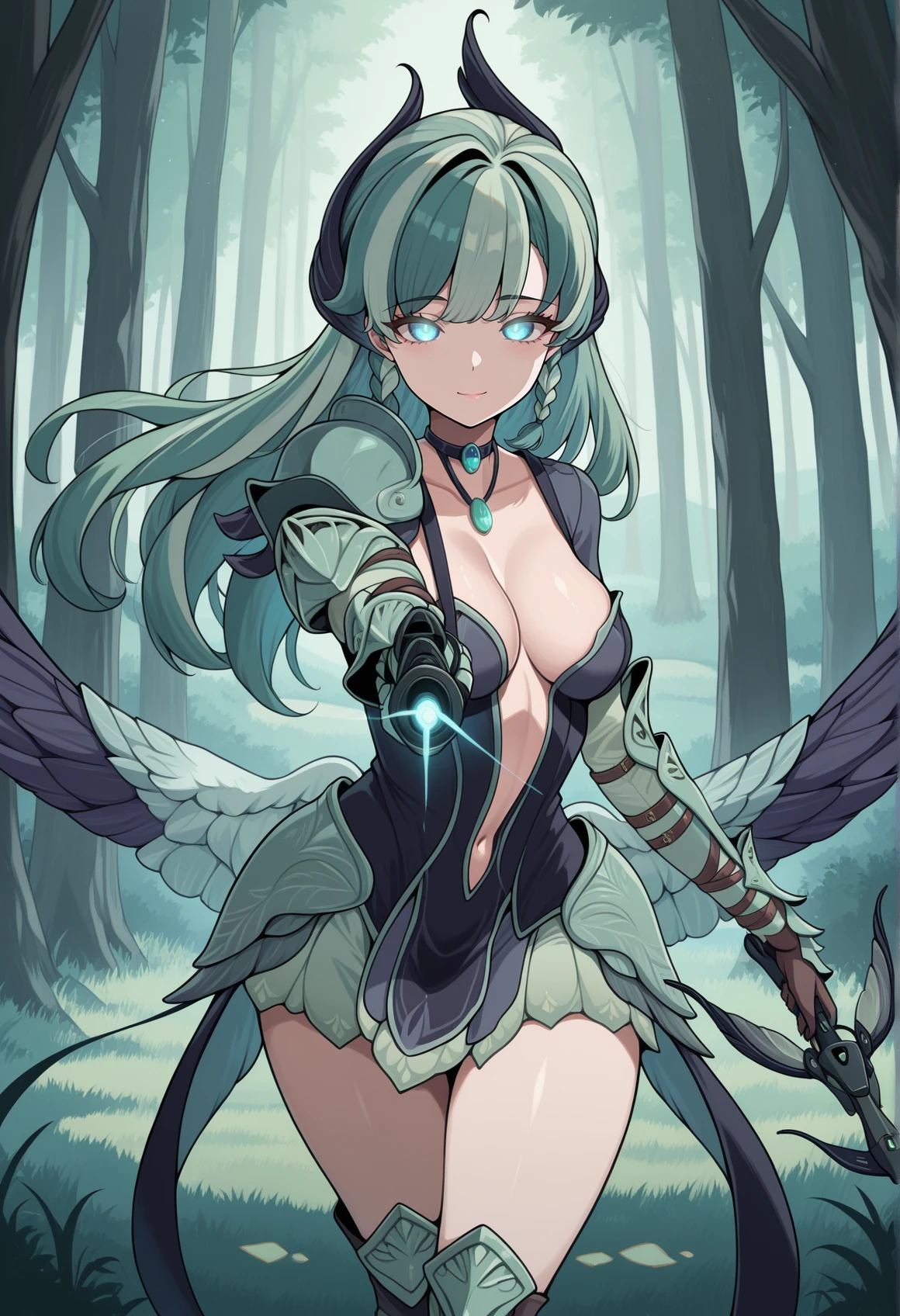 1girl, solo, blue eyes, multicolored hair, long hair, green hair, braid, hair ornament, necklace, short dress, cleavage, single pauldron, gauntlets, thigh boots, holding crossbow, wings, glowing eyes, outdoors, valley, aiming at viewer, light smile, medium breasts, forest <lora:Lily_afk:1>, masterpiece, best quality, amazing quality, very aesthetic, absurdres, highres, newest