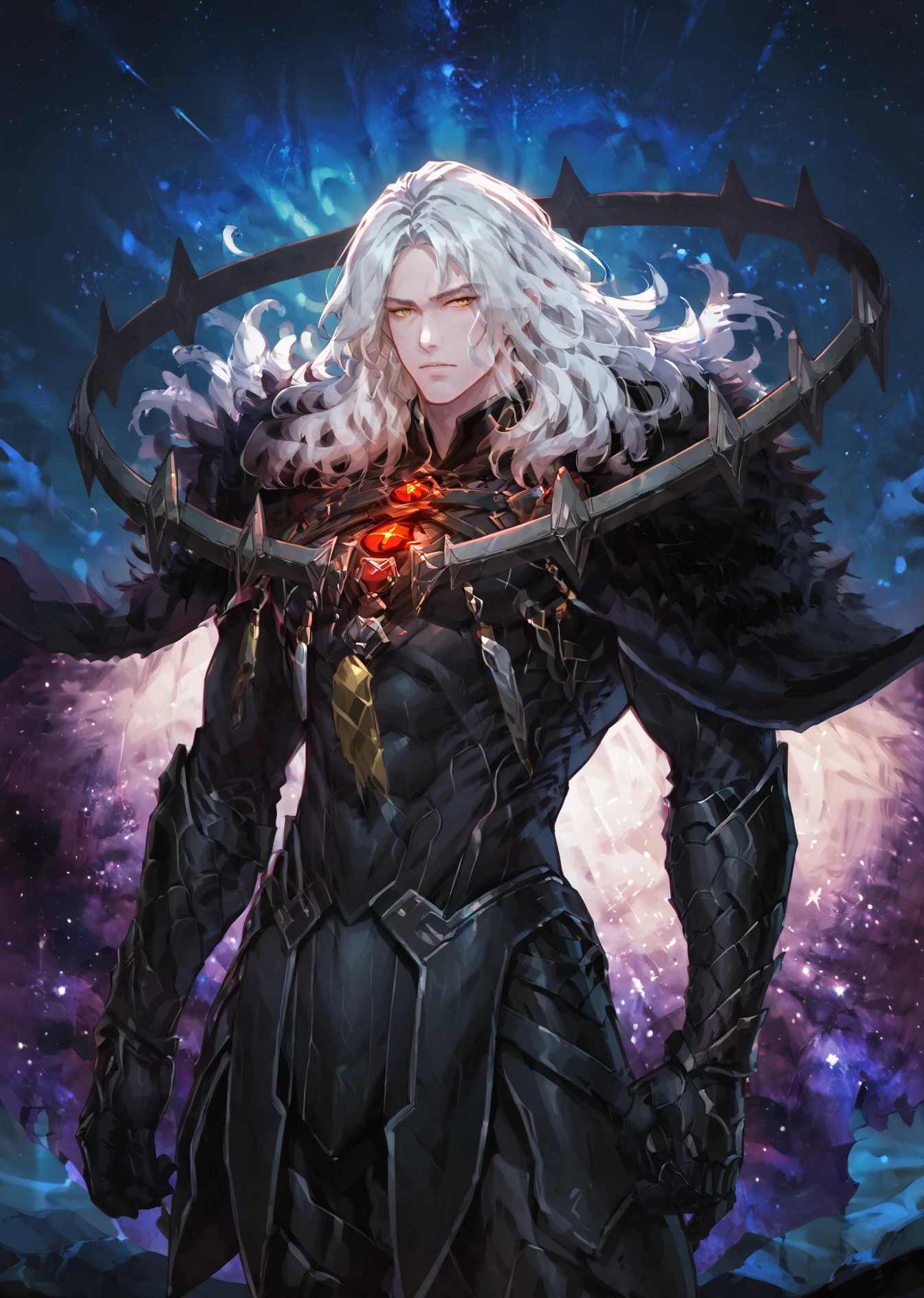 score_9_up, score_8_up, score_7_up, score_6_up, solo, 1boy, zPDXLxxx, rating_explicit, male focus, straze, 1boy, solo, male focus, long hair, white hair, yellow eyes, floating circular shoulder mantle, black cloak with starry sky lining, black armor, glowing red chest gem, dark fantasy art, grimdark, best_quality, masterpiece, dark cold color scheme, valorant style, dvs, <lora:sxz-valorant-smol-v2-pdxl:0.2> <lora:Concept Art DarkSide Style LoRA_Pony XL v6:0.9> <lora:Straze_-_Epic_Seven-000008:0.85>