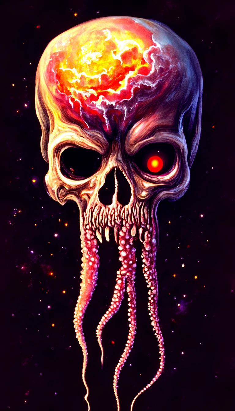 dscd_style cosmic horror nuclear explosions in the eye of jupiter,skull, octupus tentacles close-up, detailed, ultrarealistic