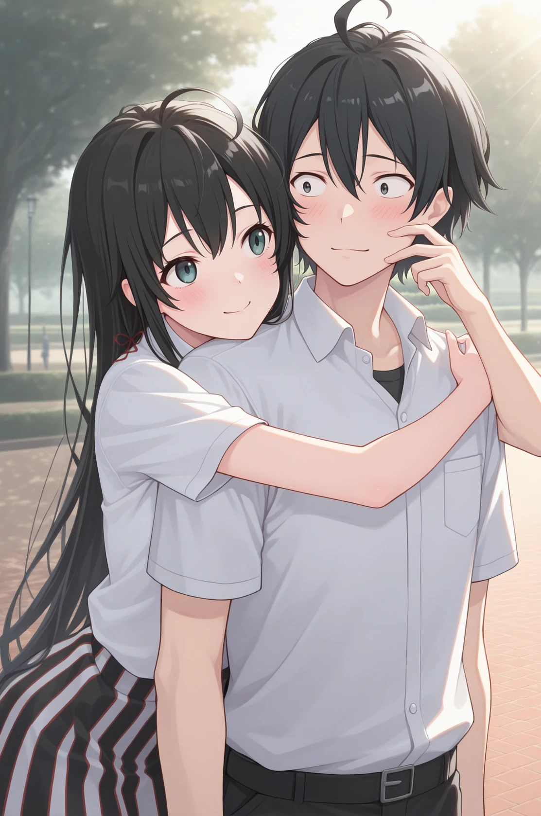 masterpiece, best quality, smile, blush, yno, small breasts, black hair, long hair, hair between eyes, hair ribbon, red ribbon, couple, 1boy, hikigaya hachiman, arms around neck, hug from behind, hand on another's face, leaning forward, outdoors, park, day, sunlight, <lora:Hoseki_Oregairu_YukinoYukinoshita_IllustriousXL_v1:1>