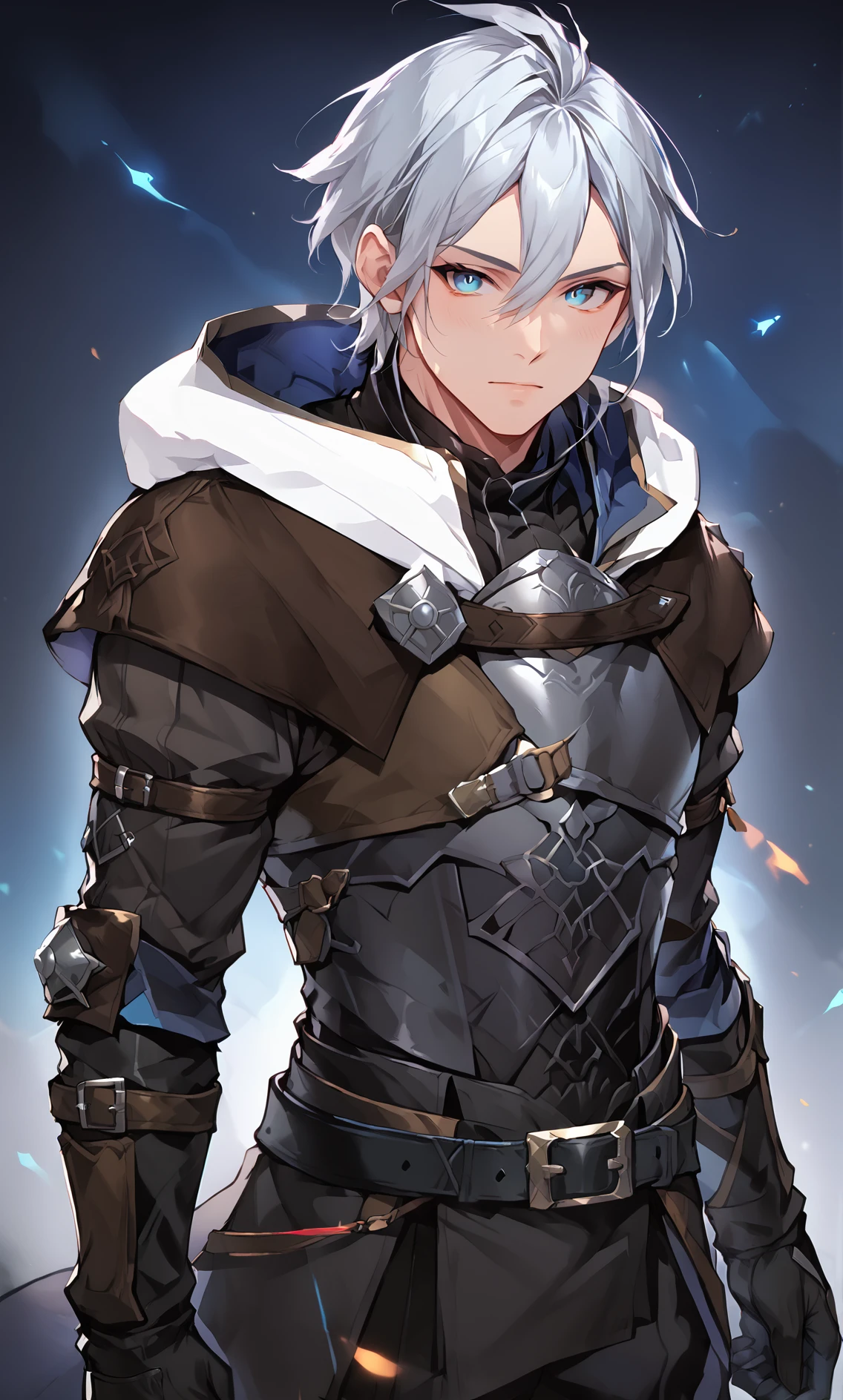 score_9_up, score_8_up, score_7_up, score_6_up, solo, 1boy, zPDXLxxx, rating_explicit, male focus, ras, white hair, short hair, light skin, blue eyes, white high collar hood, hood down, brown and silver mantle, steel breastplate, brown blue and black gloves, black belts, masculine, dark fantasy art, grimdark, best_quality, masterpiece, dark cold color scheme, valorant style, dvs, <lora:sxz-valorant-smol-v2-pdxl:0.2> <lora:Concept Art DarkSide Style LoRA_Pony XL v6:0.9>  <lora:Ras_-_Epic_Seven:0.85>