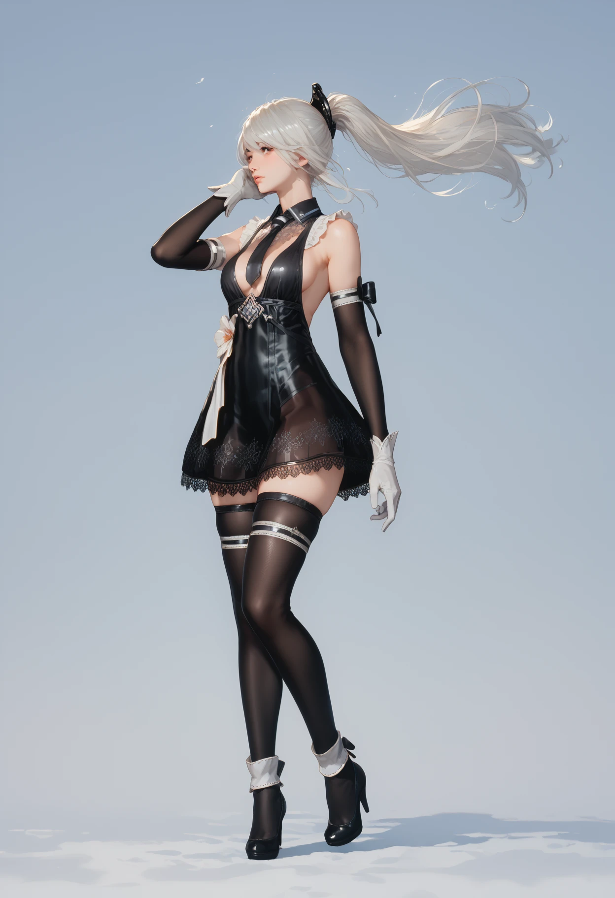 score_9, score_8_up, score_7_up,  BREAK
1girl, yorha2, necktie, white gloves, detached sleeves, white hair, ponytail, mechanical hair binder, breasts, thighhighs, perfect face, perfect hands, dynamic angle, 2b2 heels,
solo, standing, cowboy shot,  wind,  hair flowing in the wind,  from side,  looking at viewer,  hand in own hair,
pastel colors,
gradient background,
<lora:YoRHa type 2V3:0.8>