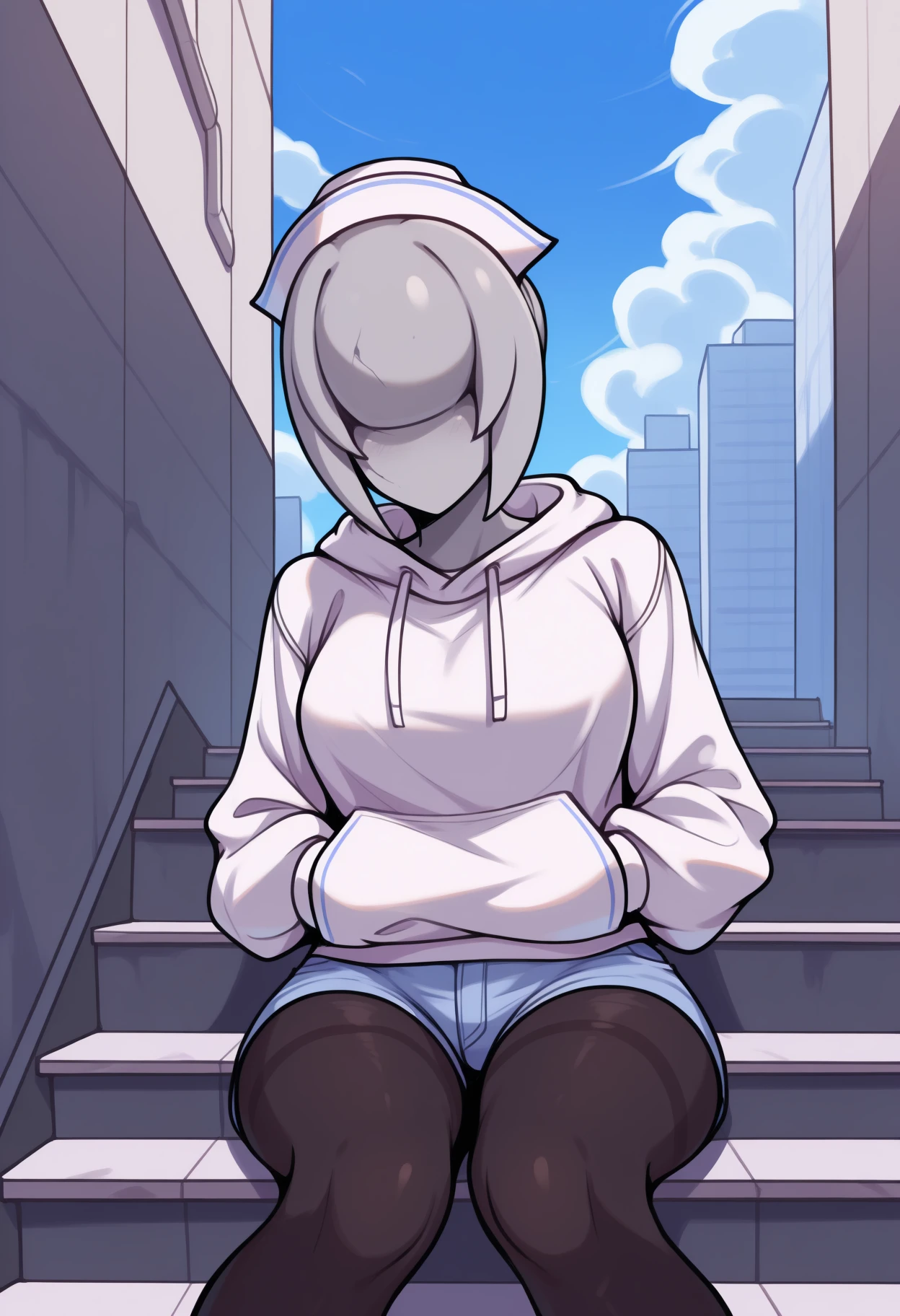 masterpiece, best quality, <break> solo, 1girl, blhdnrse, faceless female, monster girl, grey skin, sitting, stairs, hands in pockets, nurse cap, white hoodie, hood down, drawstring, long sleeves, blue shorts, denim shorts, short shorts, black pantyhose, outdoors, blue sky, cloud, city
<segment:yolo-Anzhc Face seg 640 v2 y8n.pt,0.4,0.5//cid=1>