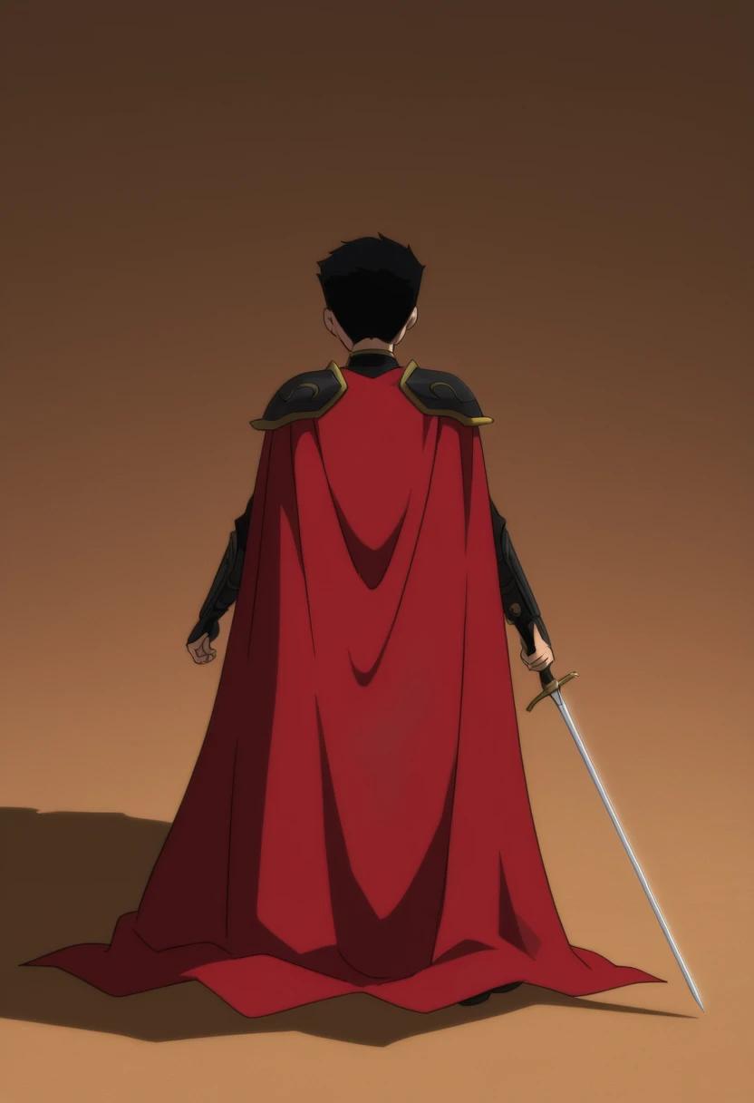 masterpiece, best quality,
damian wayne, black hair, green eyes, black armor, red cape, weapon, sword, 1boy, male focus, cape, solo, holding weapon, holding sword, holding, armor, from behind, parody, black boots, shoulder amor