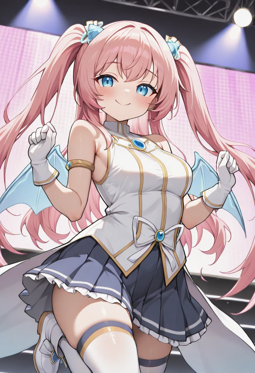 masterpiece,best quality,absurdres,perfect lighting,stage,stage lights, 
*//*,<lora:Angelic_Buster-v2.0:1>,ab_normal,pink hair,long hair,blue eyes,twintails,white gloves,sleeveless,white thighhighs,white footwear,wings,pleated skirt,bangs,
*//*,looking at viewer,cowboy shot,dutch angle,dynamic pose,smile