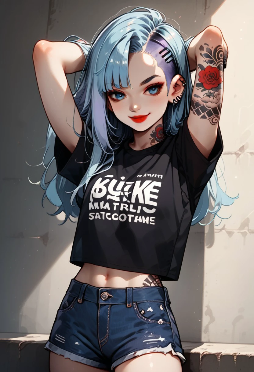 score_9, score_8_up, score_7_up, score_6_up, rating_questionable, 1girl, Celeste, CelesteRH, 
 Long hair, side cut , light blue hair, black roots hair, purple colored hair tips, asymmetrical hair, blue eyes, piercings, red lipgloss, tattoos all over her body, small breasts, almost flat chest, fit, HD32k, dynamic pose, aesthetic, perspective, solo, detailed, sensual look, pinup pose, abstract background, detailed background, black-red tint, sensual look, pinup pose, cowboy shot, wearing cropped black t-shirt, denim shorts, goth attire, punk attire, smiling, closed mouth, side view, arms up