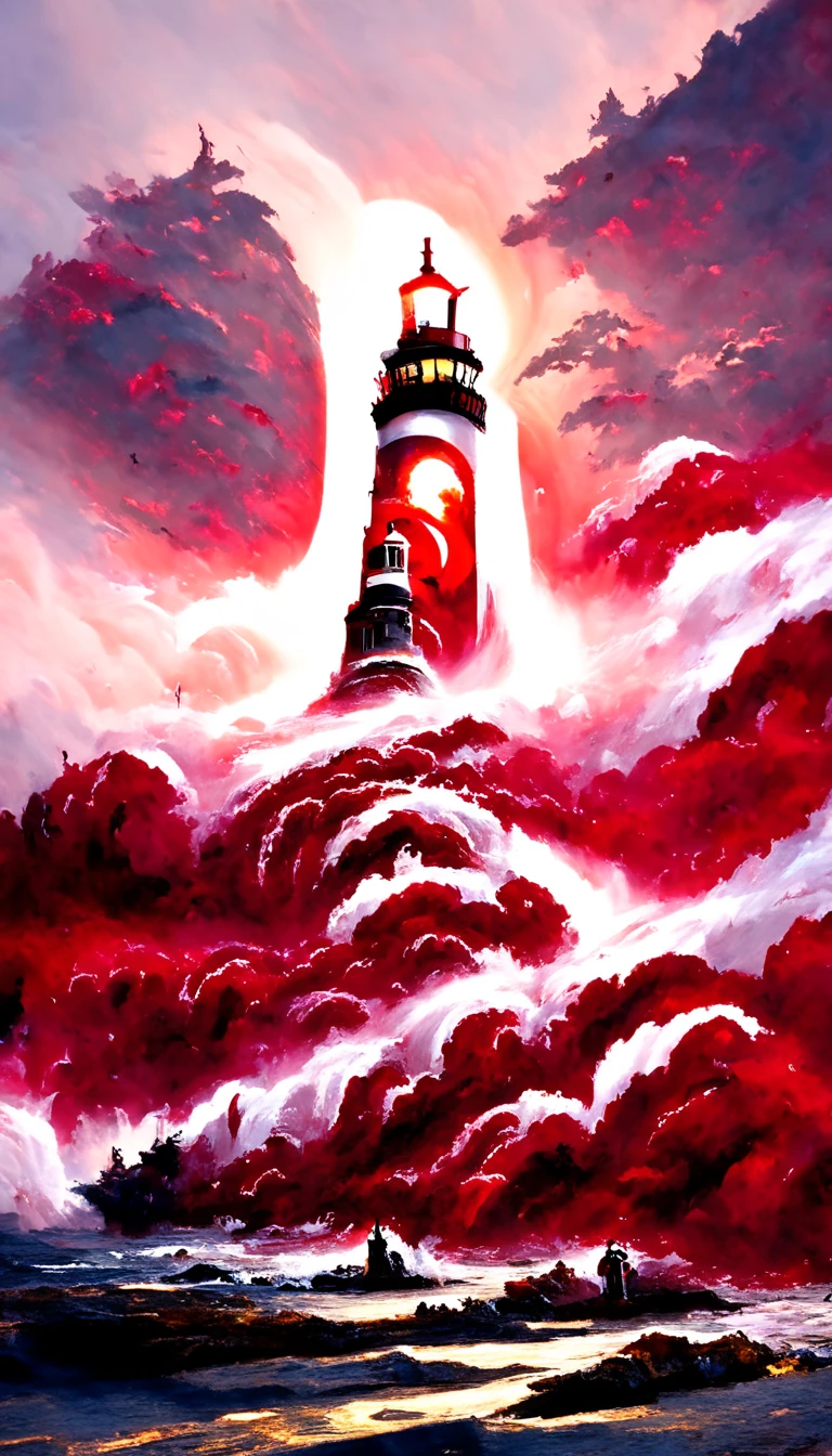 dscd_style a singular lighthouse, shining its light across a tumultuous sea of blood