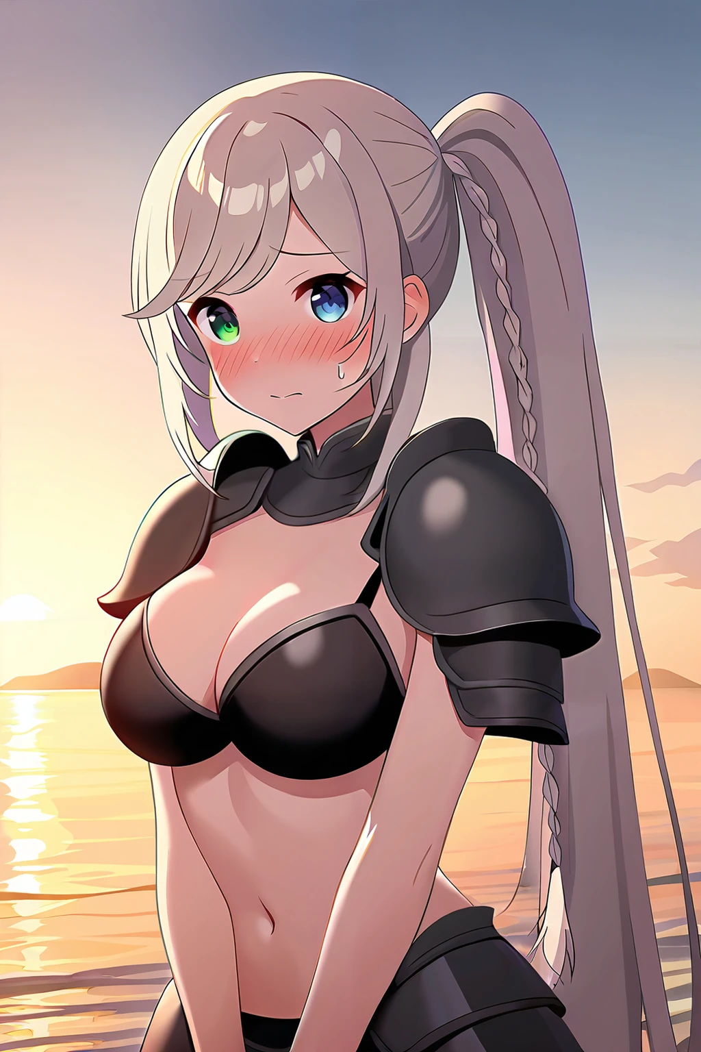 (masterpiece), (best quality), (intricate details, very aesthetic), absurdres, highres, 1girl, cinematic light, <lora:Livia_de_Udis-Illustrious:1> livia_wz, very long hair, side ponytail, grey hair, heterochromia,  blue eyes, green eyes, braid, large breasts, armor, bikini armor, shoulder armor, pauldrons, navel, cosplay, beach, v arms, outdoors, looking at viewer, nose blush, nervous, nervous sweating,