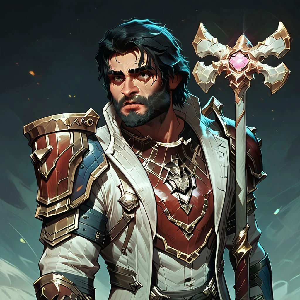 male focus, solo focus, solo, score_9, score_8_up, score_7_up, 1boy, ArcaneSurvivorJayceV1, male Focus, armor, black hair, facial hair, beard, weapon, holding weapon, jaycearcanehammer, holding