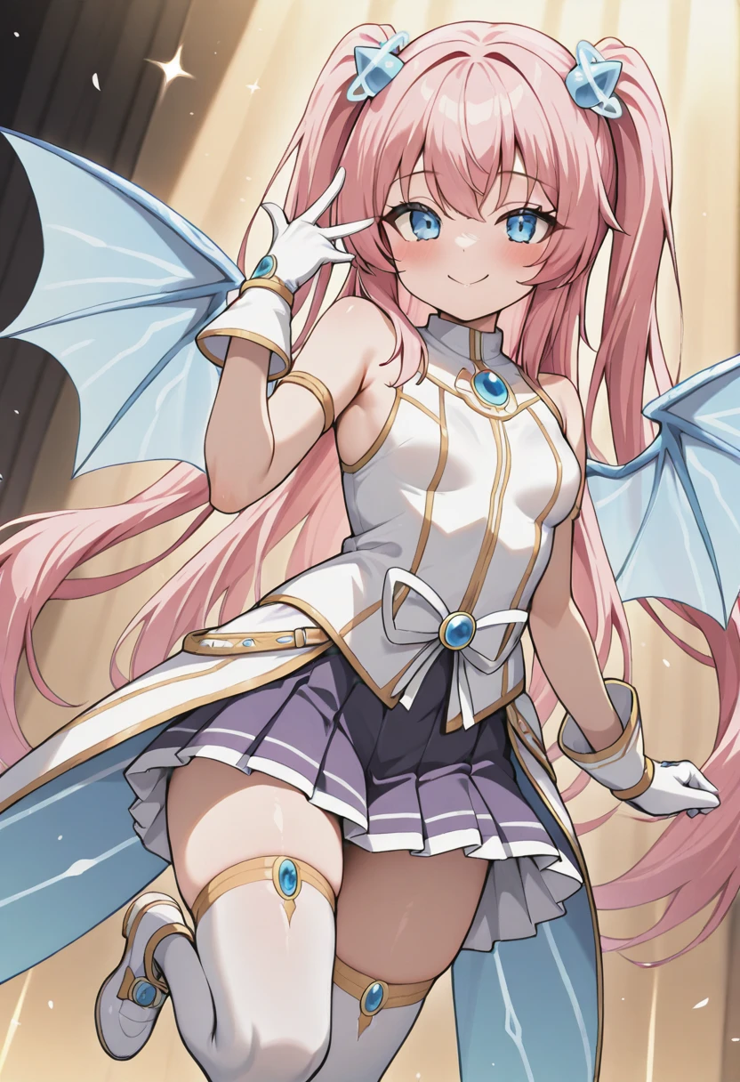 masterpiece,best quality,absurdres,perfect lighting,fantasy,stage,stage lights,
*//*,<lora:Angelic_Buster-v2.0:1>,ab_normal,pink hair,long hair,blue eyes,twintails,white gloves,sleeveless,white thighhighs,white footwear,wings,pleated skirt,bangs,
*//*,looking at viewer,cowboy shot,dutch angle,dynamic pose,smile,