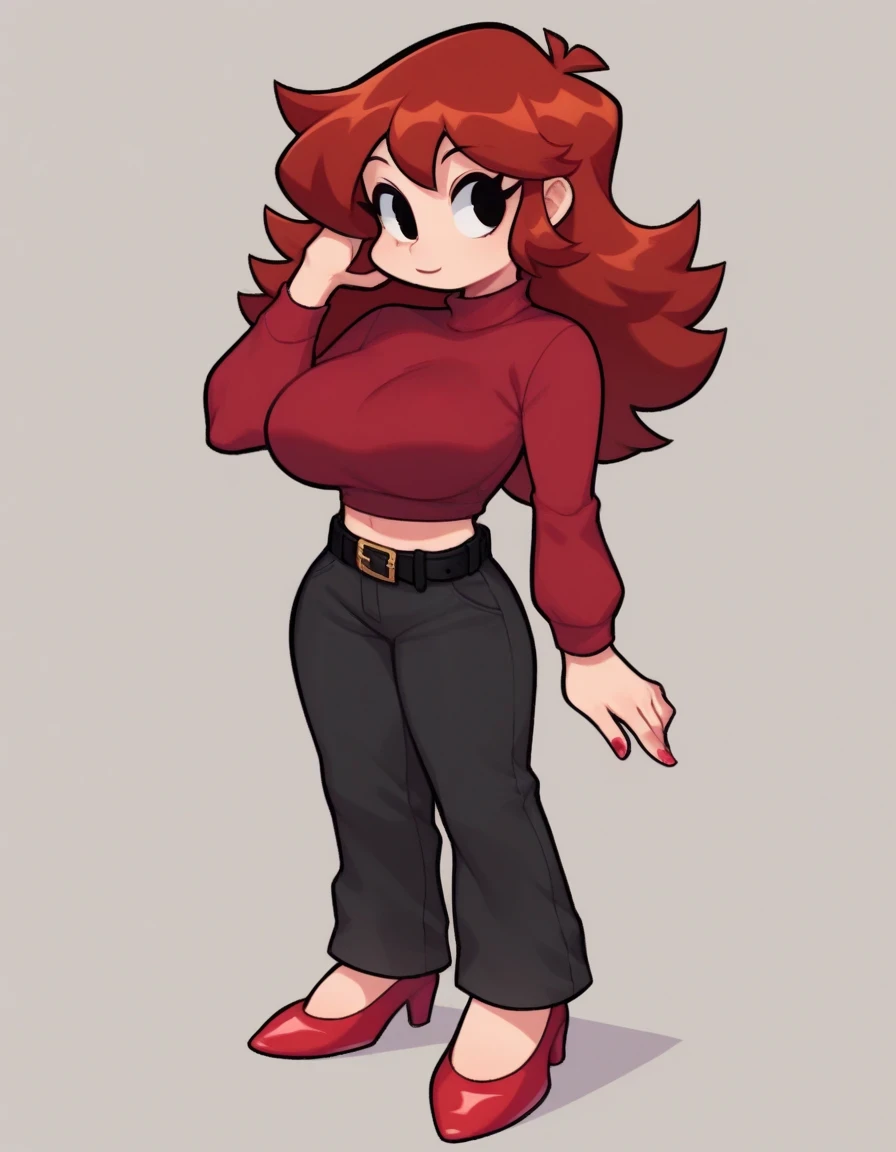 GirlEXE, 1girl, solo, long hair, large breasts, brown hair, shirt, long sleeves, standing, full body, red hair, shoes, midriff, belt, pants, nail polish, black eyes, sweater, crop top, grey pants, red footwear, red shirt, red nails, black belt, red hair, red top, and red shoes