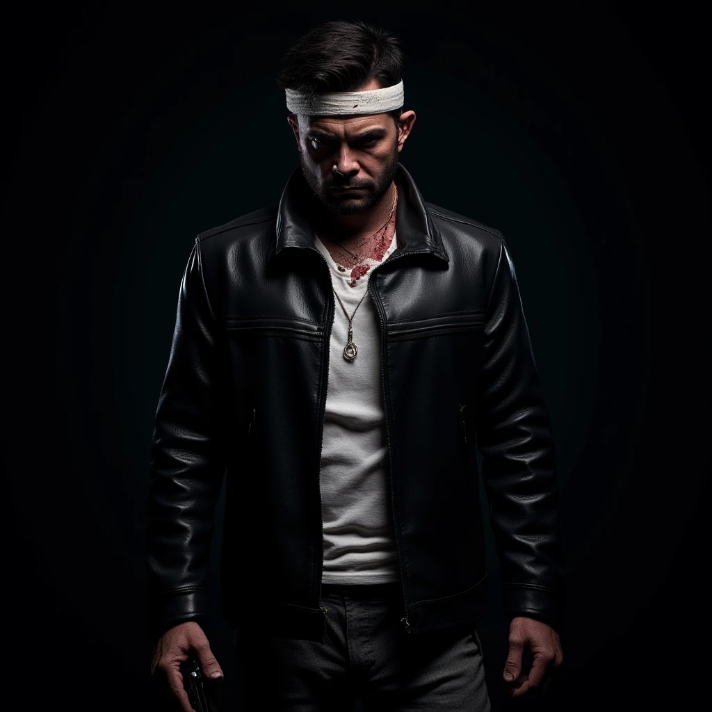 UHD, 4k, ultra detailed, cinematic, a photograph of  <lora:neo-noir style Max Payne v1:0.9>
In a dark version of New York City a man in a leather jacket standing in the dark, dim, detailed background, different style, different people, action movie themed, sharp, detailed, epic cinematic photography, artistic, dramatic light, cinematic color style, Kodak film style, neo-noir style, solo, short hair, shirt, black hair, 1boy, holding, jewelry, closed mouth, standing, jacket, closed eyes, white shirt, weapon, male focus, open clothes, pants, signature, necklace, holding weapon, open jacket, black jacket, gun, blood, headband, facial hair, bandages, facing viewer, artist name, beard, blood on face, looking at viewer, holding gun, handgun
, epic, beautiful lighting, inpsiring