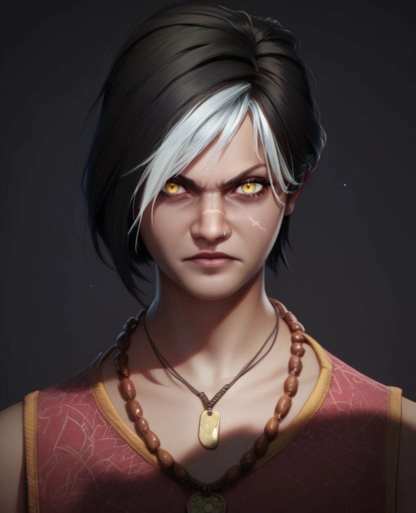 score_9,score_8_up,score_7_up,score_6_up,score_5_up,score_4_up,
haddiekaurxl,two-tone hair,black hair,scar,yellow eyes,looking at viewer,
shirt,necklace,piercing,
looking at viewer, serious, 
dark background,dark aura,shadow,
<lora:haddiekaurxl:0.9>,