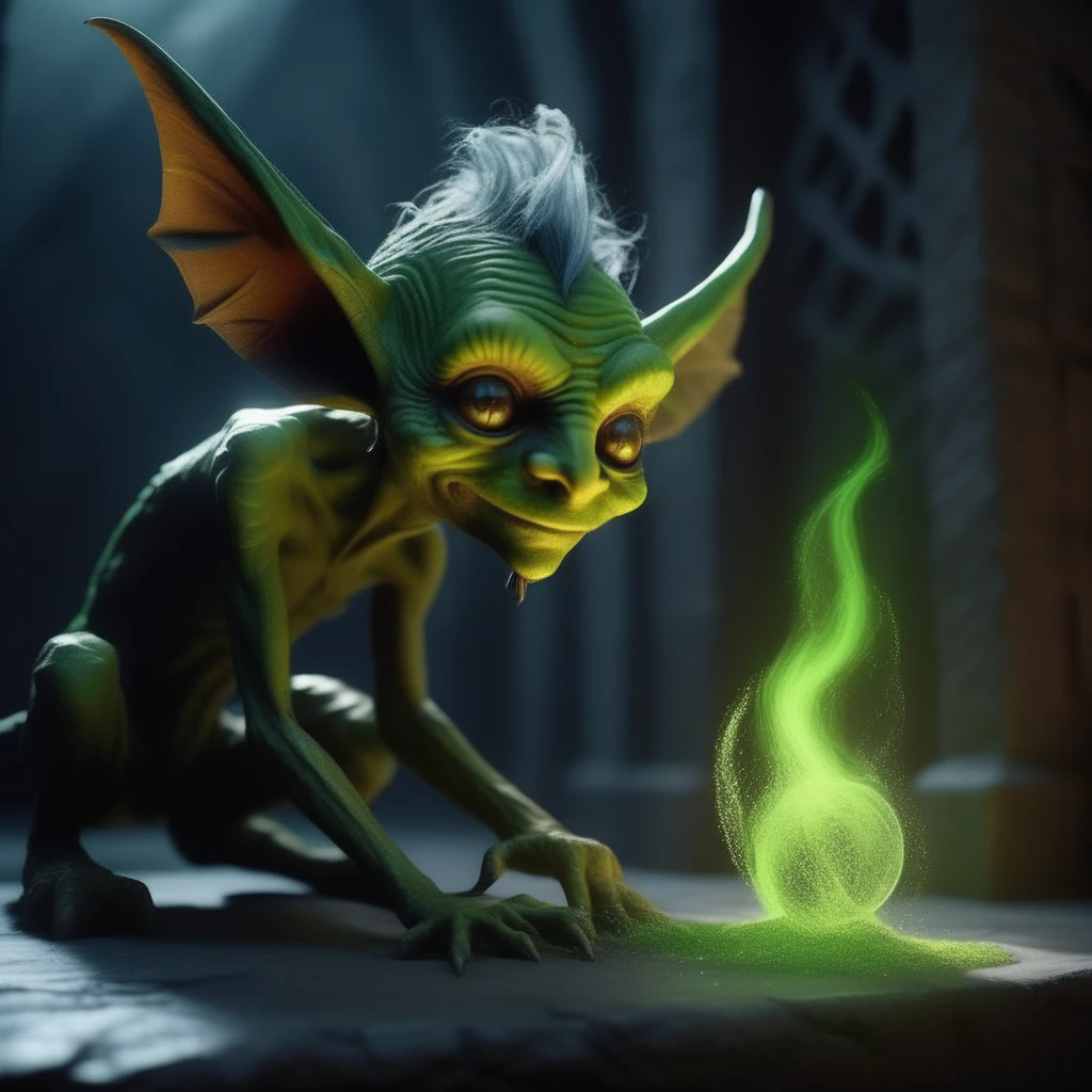 cinematic,  dramatic lighting,masterpiece, ultra detailed textures and colors, a glowing green imp, long nose, scaly skin, with large floppy ears, holding a feather duster enchanted to sparkle as it moves, sweeping away ash from a summoning circle etched into the stone floor of a dungeon..<lora:impz:1.0>