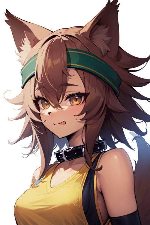 masterpiece, best quality, kobold, large breasts, fang, collar, snout, headband, hair between eyes, wristband