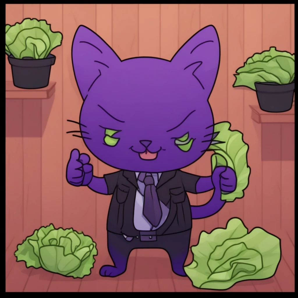 paper, instrument, animal ears, thumbs up, lettuce, purple eyes, erection, can, wooden floor, green theme, black cat