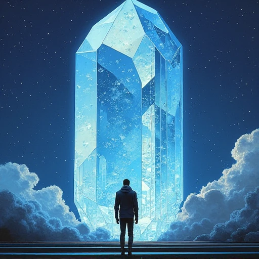 a painting of a man standing in front of a large crystal