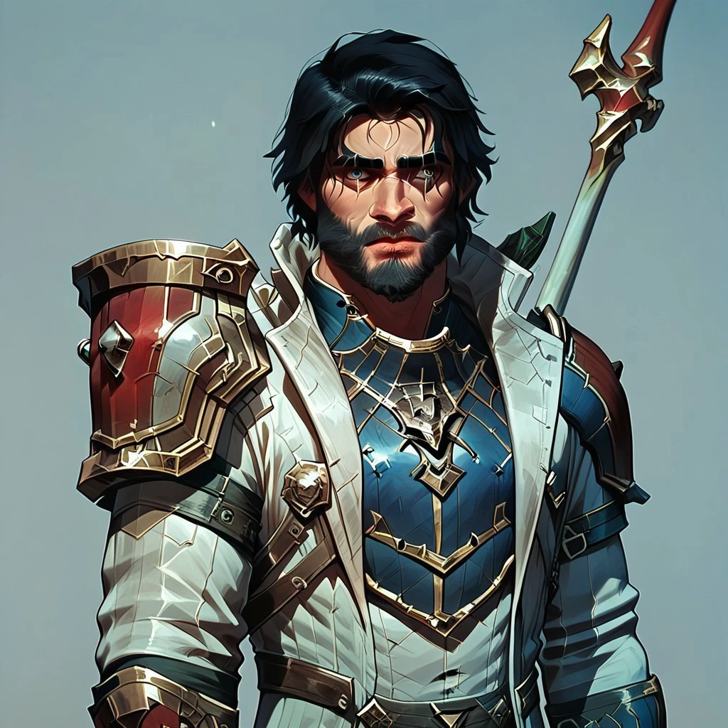 male focus, solo focus, solo, score_9, score_8_up, score_7_up, 1boy, ArcaneSurvivorJayceV1, male Focus, armor, black hair, facial hair, beard, weapon, holding weapon, jaycearcanehammer, holding