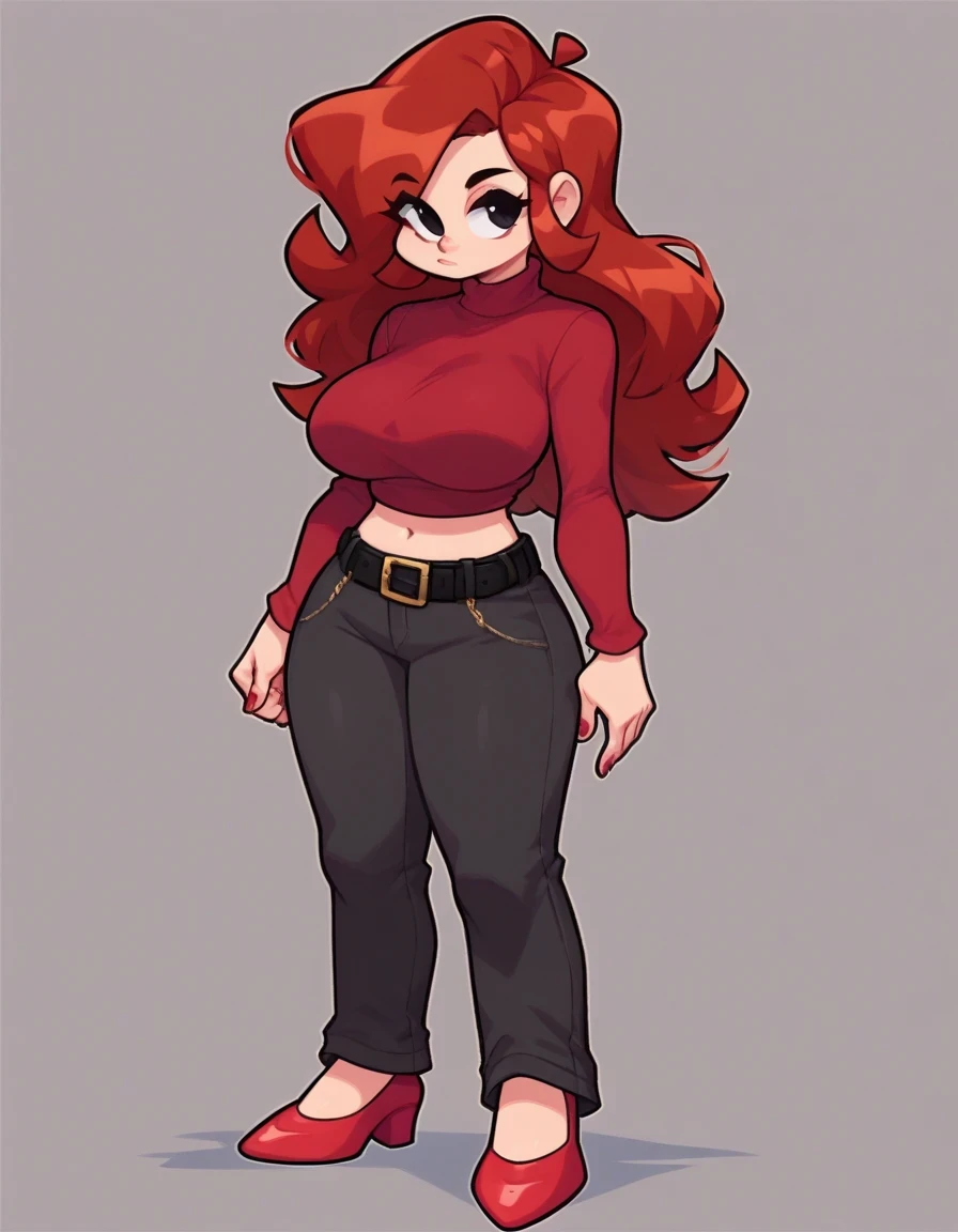 GirlEXE, 1girl, solo, long hair, large breasts, brown hair, shirt, long sleeves, standing, full body, red hair, shoes, midriff, belt, pants, nail polish, black eyes, sweater, crop top, grey pants, red footwear, red shirt, red nails, black belt, red hair, red top, and red shoes