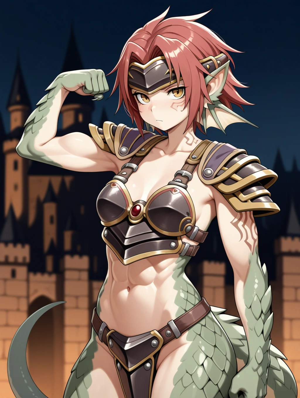 1girl, Granberia, (red hair), short hair, dragon girl, yellow eyes, (lizard tail), small breasts,monster girl, slit pupils, tattoo, claws, (scales), head fins, pointy ears, simple background, castle, abs, armor, shoulder armor, pauldrons, headband, cowboy shot, flexing,


masterpiece, best quality,amazing quality, very aesthetic, absurdres, depth of field, blurry background, dark, extremely detailed face, detailed eyes, dark colors, dynamic pose