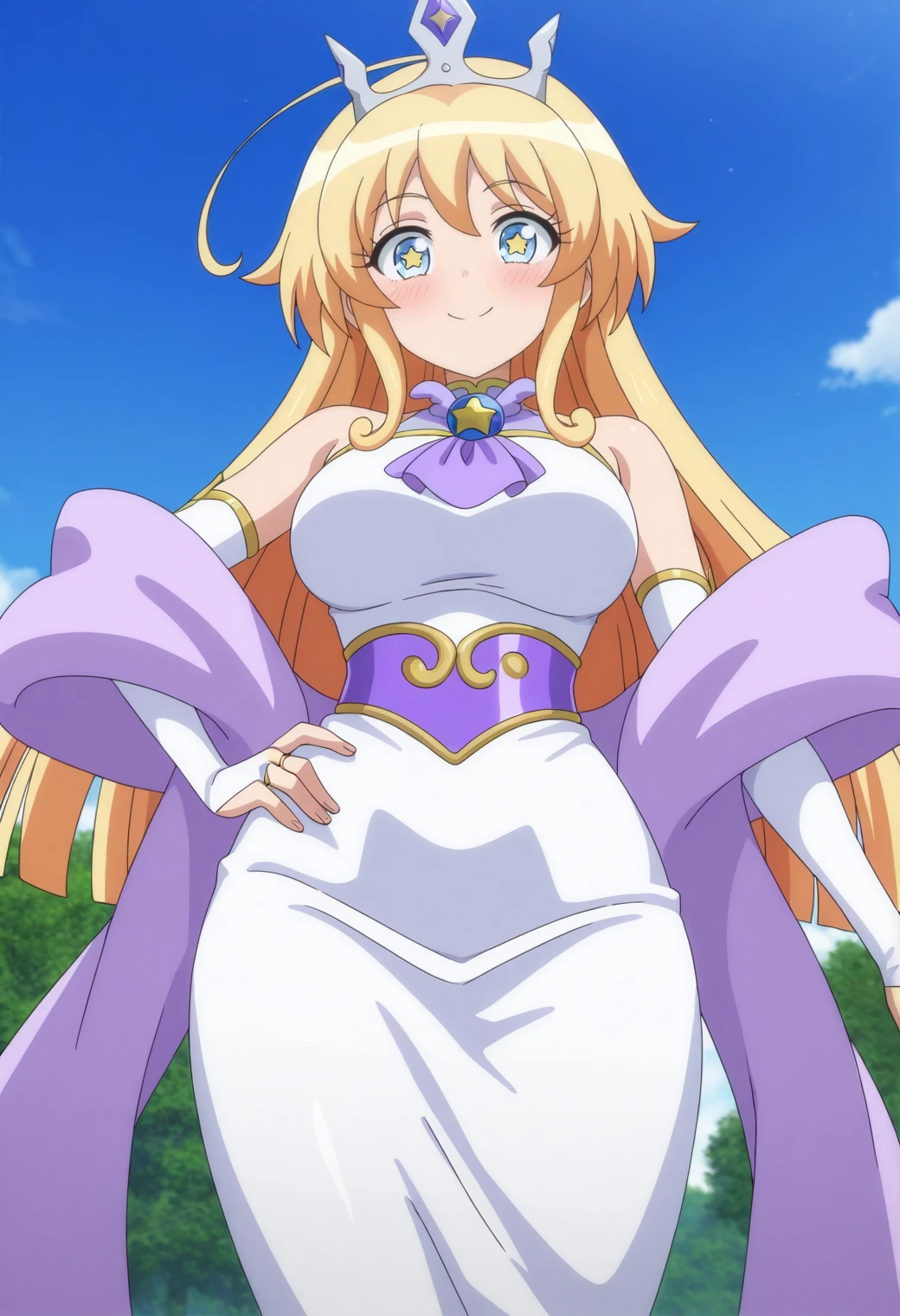 highres, best quality, masterpiece, outdoors, anime screencap,
solo, 1girl, dgdadele, long hair, ahoge, tiara, large breasts, star-shaped pupils, 
adeledr2, white dress, sleeveless, purple sash, bare shoulders, detached sleeves, bridal gauntlets, purple shawl, star brooch, purple ascot, tight dress,
looking at viewer, blush, smile,
standing, hand on own hip,  from below,
<lora:_adele_dog_days-elesico-ilxlA:1>