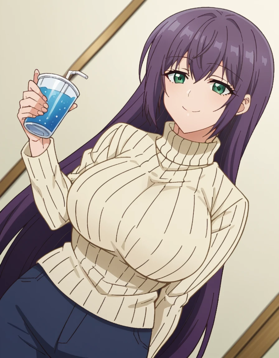 score_9, score_8_up, score_7_up, source_anime, <lora:yutaka-shinozaki-s1-ponyxl-lora-nochekaiser:1>, yutaka shinozaki, long hair, bangs, very long hair, green eyes, purple hair,, large breasts, mature female, long sleeves, pants, sweater, turtleneck, ribbed sweater, turtleneck sweater, blue pants, white sweater, izakaya, drinks, food, stools, social, smile, smile, looking at viewer, solo,, dutch angle, cowboy shot