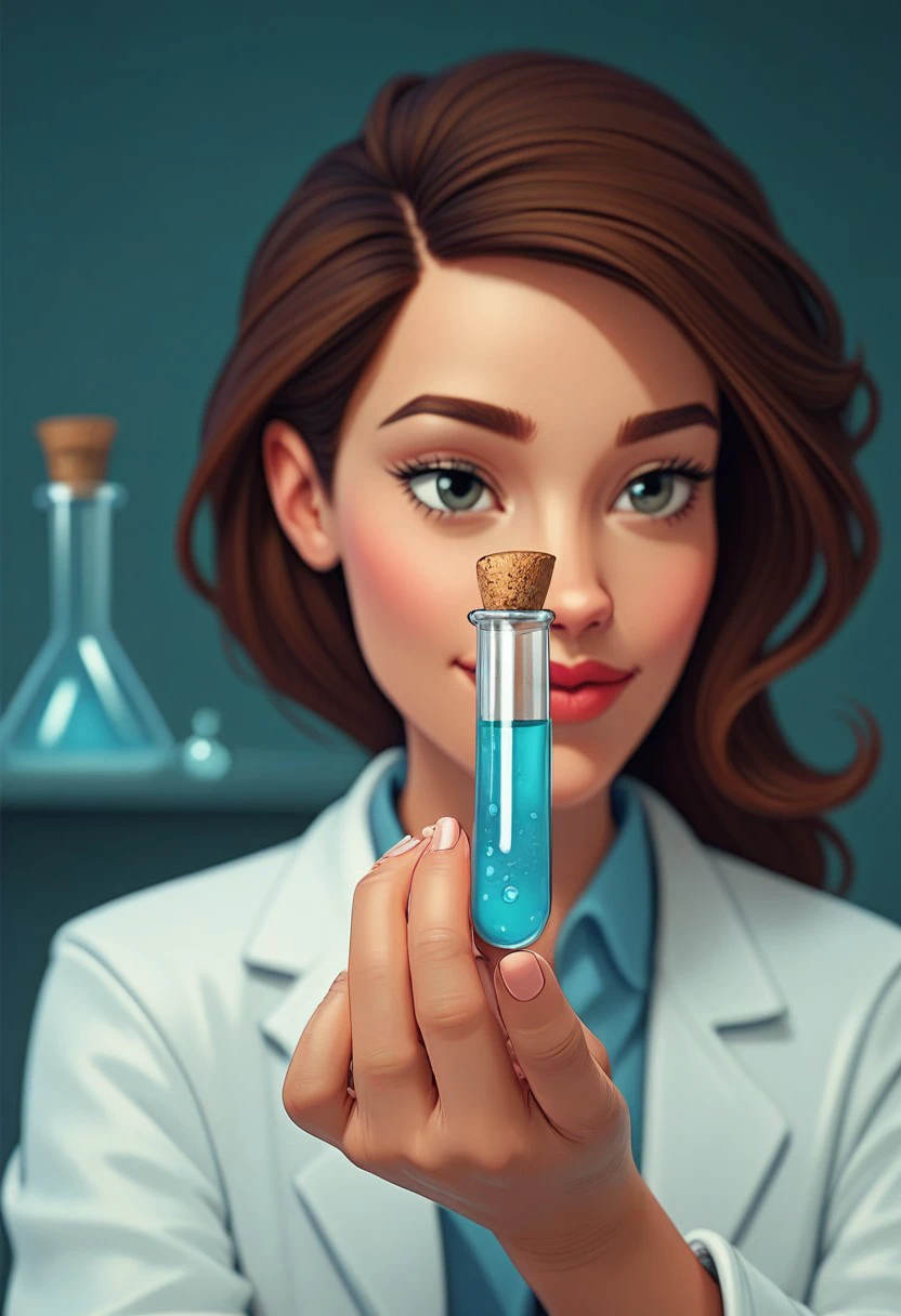masterpiece,best quality, highly detailed, score_9, score_8_up, score_7_up, score_6_up,source_cartoon,
BREAK, datmom, science lab, labcoat, testube, TTpinch-top, TTsmall, TTnear-empty, TTclosed, TTliquid-blue, TTbubbles,