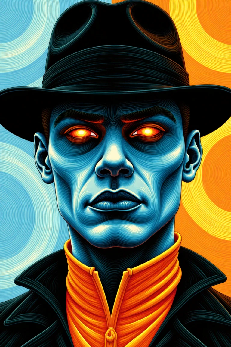 A close-up of a man's face is depicted, adorned with a black fedora hat. The man's eyes are glowing orange, adding a pop of color to the otherwise monochromatic scene. The background is a mix of blue, white, and orange hues, creating a striking contrast to the man's head and the hat. The man's body is styled in nule, characterized by bold, dramatic contrasts, minimalist design, and high-contrast visual elements, blending abstract and futuristic aesthetics.,noga