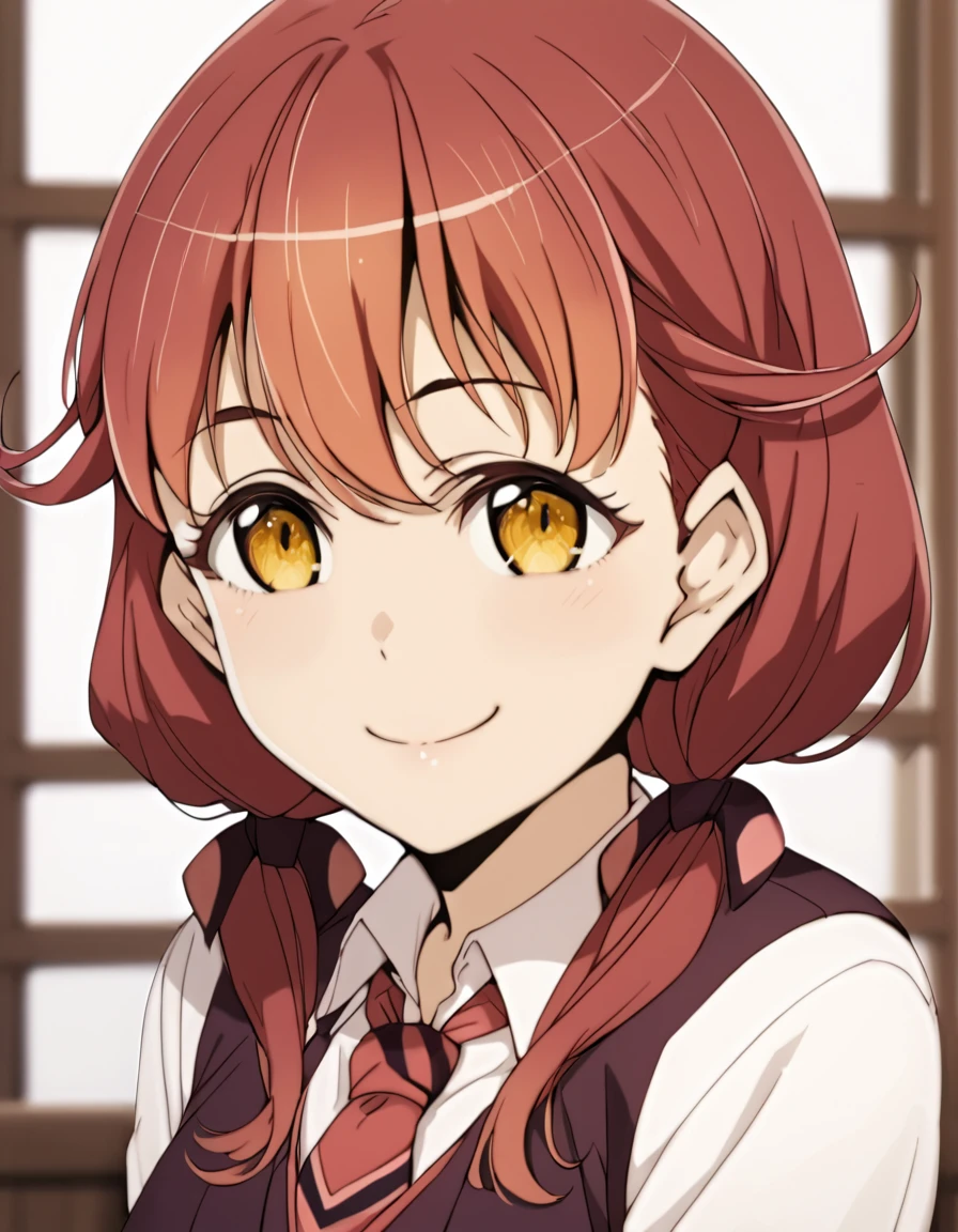 score_9, score_8_up, score_7_up, score_6_up, score_5_up, score_4_up, source_anime ,  <lora:edomaeelf:1>, happy, portrait,  isuzu, yellow eyes, red hair, twintails, school uniform, low twintails, blazer, shirt, white shirt, collared shirt, necktie, black skirt, black pantyhose,