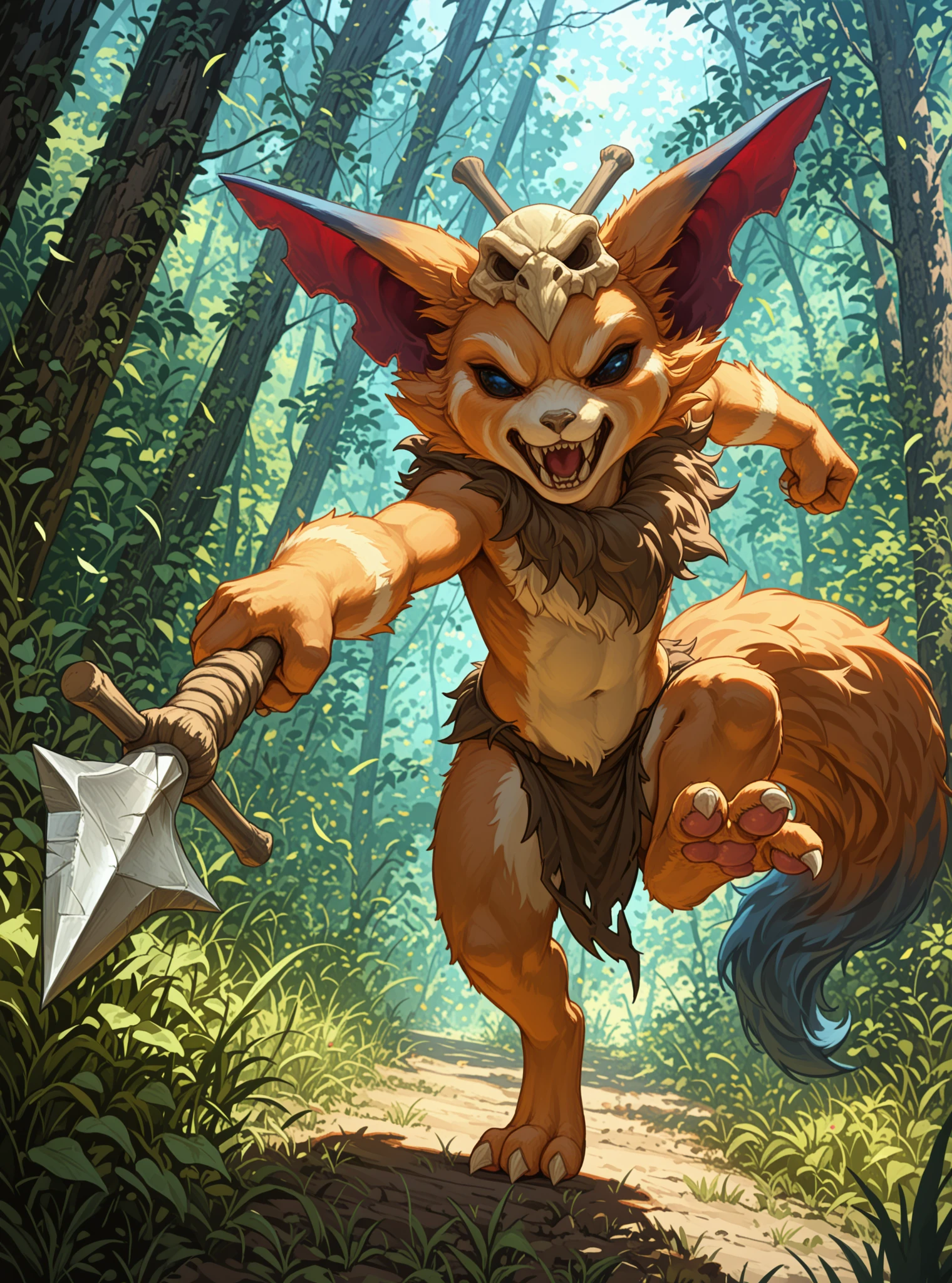 <lora:GnarXLIllustrious-000060:1> Gnar, yordle, fangs, 3 toes, pawpads BREAK
loincloth BREAK
jungle background BREAK
throwing object, spear weapon, rage, angry, open mouth , BREAK
<lora:spo_sdxl_10ep_4k-data_lora_webui:1> highly detailed, detailed background, absurdres, high resolution, 8K, highres, 4k, 2k, high detail BREAK
masterpiece, best quality, amazing quality, very aesthetic, absurdres,  newest, sceneryâââ