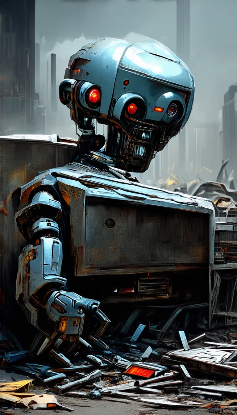 dscd_style A sentient robot contemplating its existence in the midst of a scrapyard.