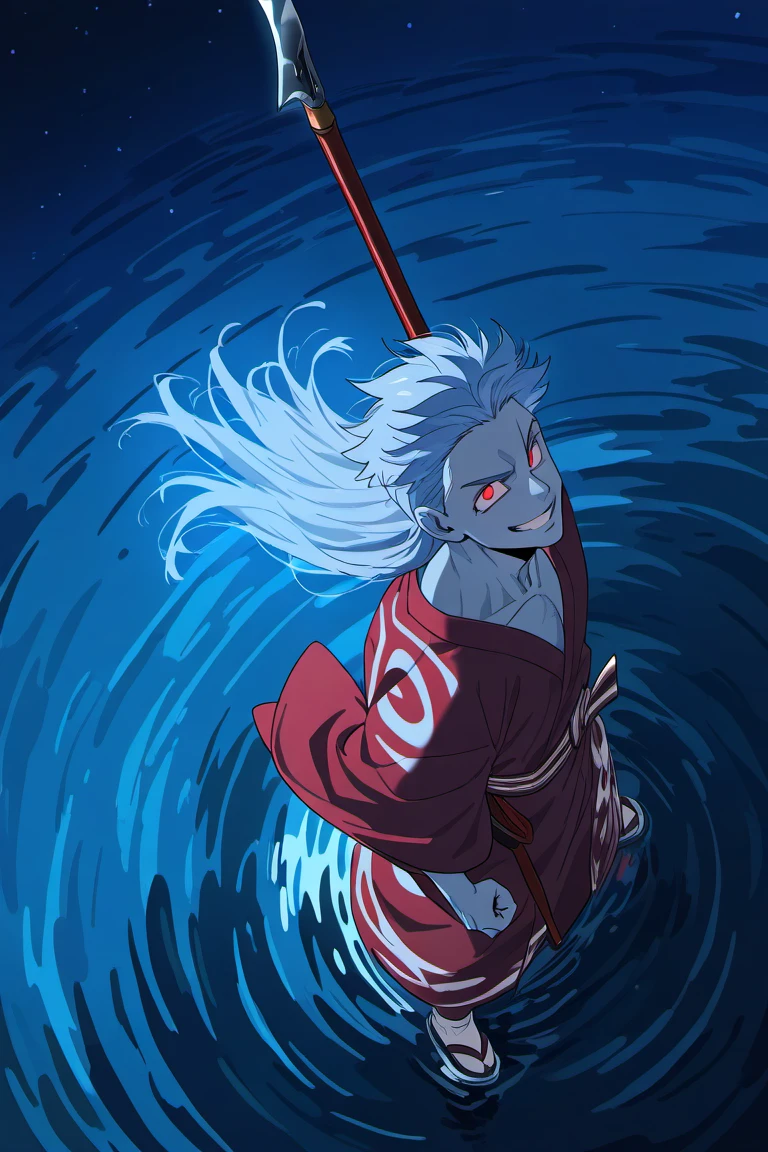 anime coloring, subsurface scattering, realistic shading, night sky, dark environment, glowing, japanese theme, water reflection, male focus, fighting stance, holding polearm, leaning back, looking up at viewer, expressive face, BellionSDS, colored grey skin, light blue_BellionSDS_long hair, red_BellionSDS_eyes, grin, teeth, japanese clothes, yukata, asymmetrical print on clothes, socks, 1boy, water, from above, dutch angle, intricately detailed illustration, masterpiece,best quality,amazing quality,very aesthetic,absurdres,newest