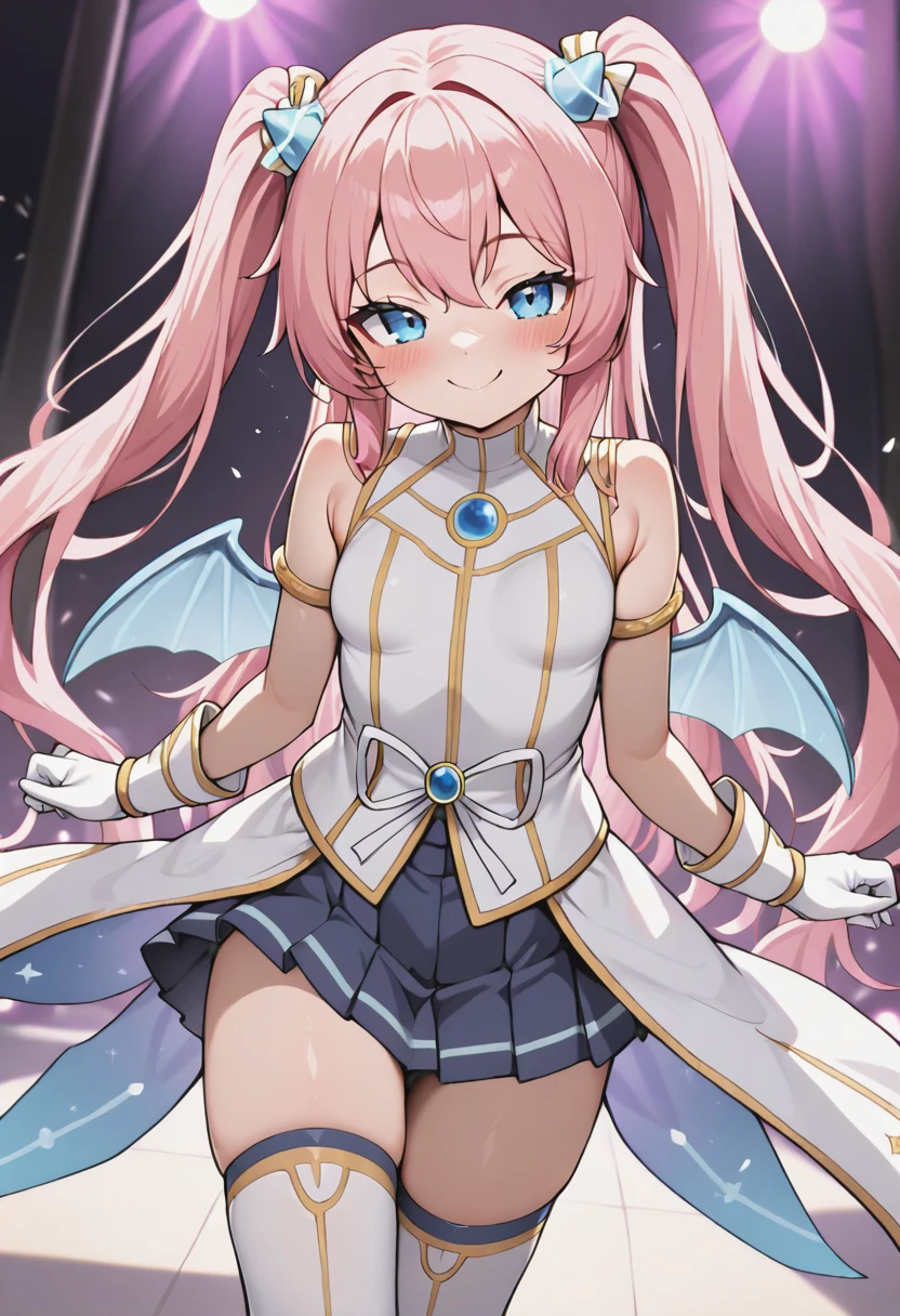 masterpiece,best quality,absurdres,perfect lighting,fantasy,stage,stage lights,
*//*,<lora:Angelic_Buster-v2.0:1>,ab_normal,pink hair,long hair,blue eyes,twintails,white gloves,sleeveless,white thighhighs,white footwear,wings,pleated skirt,bangs,
*//*,looking at viewer,cowboy shot,dutch angle,dynamic pose,smile,