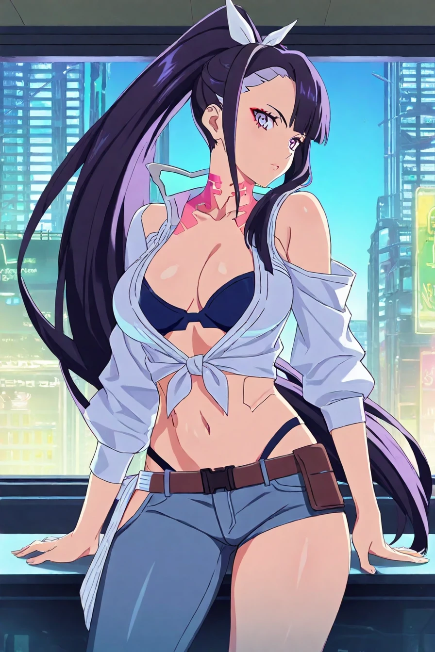 score_9, score_8_up, score_7_up, score_6_up, score_5_up, score_4_up,  <lora:cyberpunk_edgerunners_style_illustriousXL:0.8>, cyberpunk_edgerunners_style, 1girl, looking at the viewer, asymmetrical clothes, navel, purple eyes, very long hair, tied shirt, midriff, hair ribbon, single pantsleg, white shirt, ponytail, black hair, large breasts, jeans, white ribbon, brown belt, purple hair, asymmetrical legwear, masterpiece, highres