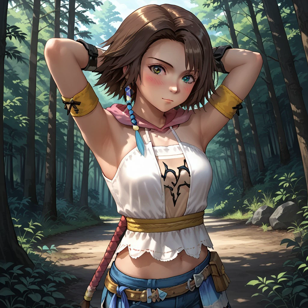 score_9, score_8, score_7, break, solo, yuna_x2, 1girl, brown hair, short hair, heterochromia, armband, shirt, shorts cute, blush, looking at viewer, hands behind head, standing, forest, natural lighting, pupils